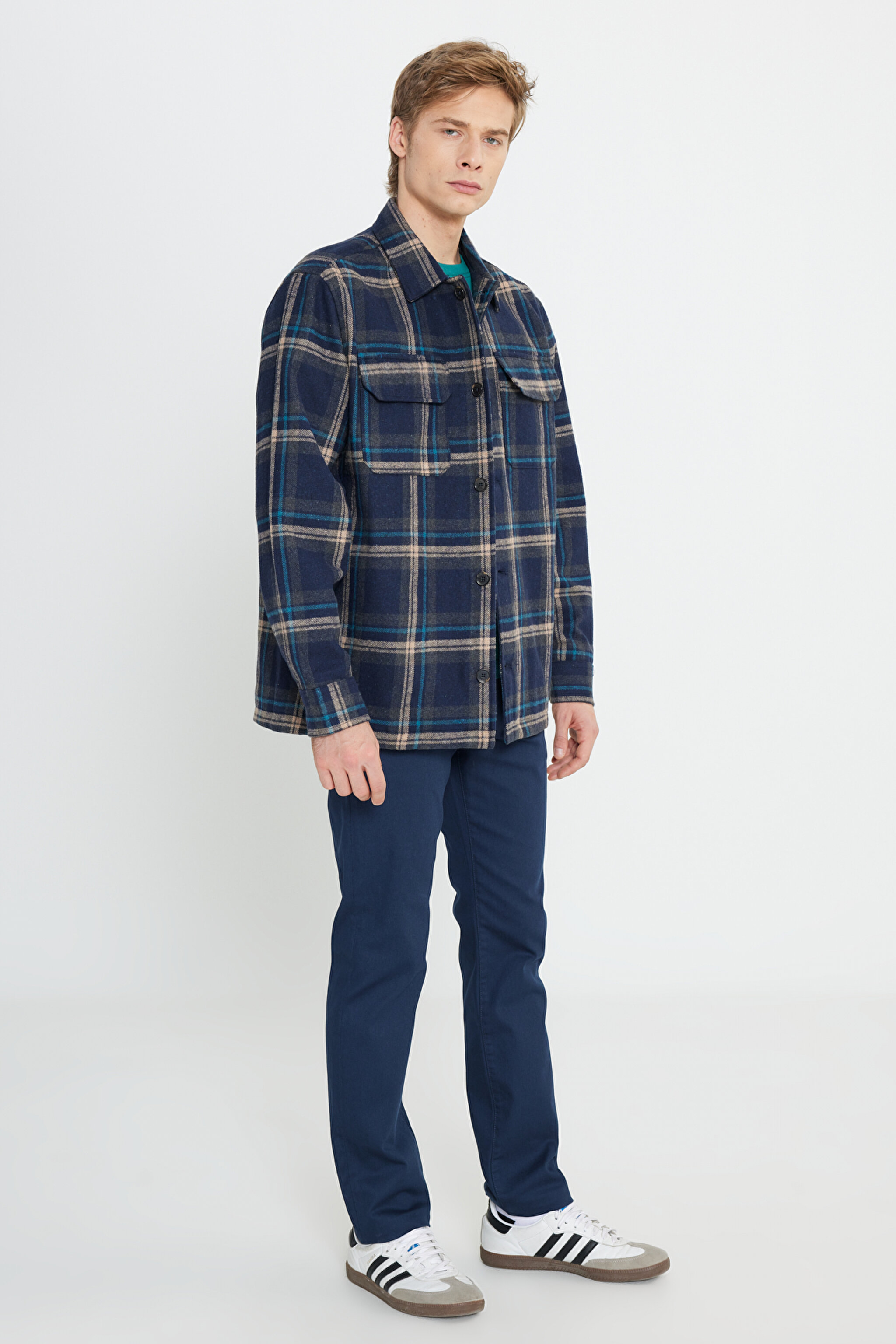 Loose Fit Rahat Kesim Lacivert Ekoseli Shacket Ceket - Navy-W232406410 (görsel 4)