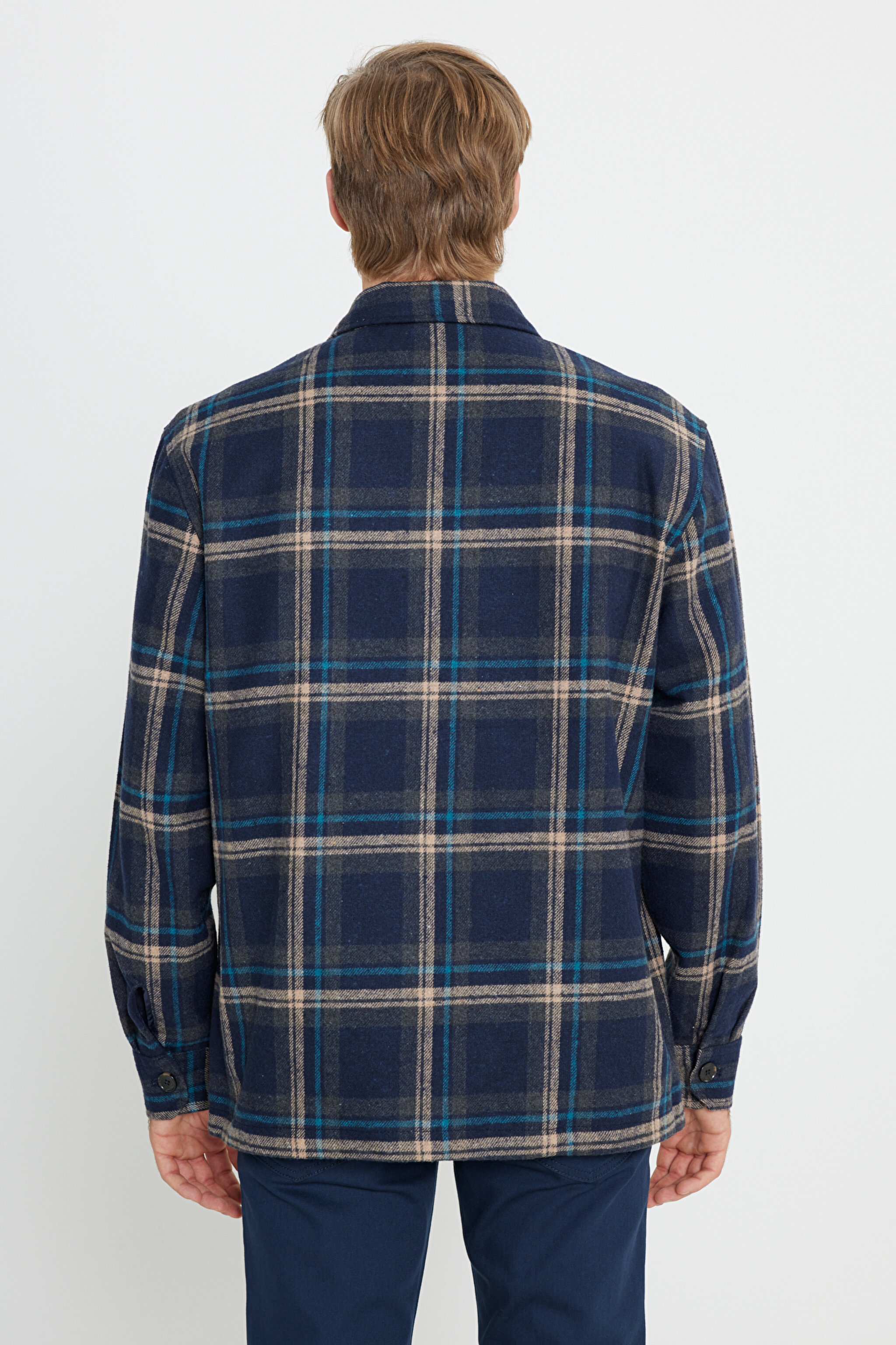 Loose Fit Rahat Kesim Lacivert Ekoseli Shacket Ceket - Navy-W232406410 (görsel 6)