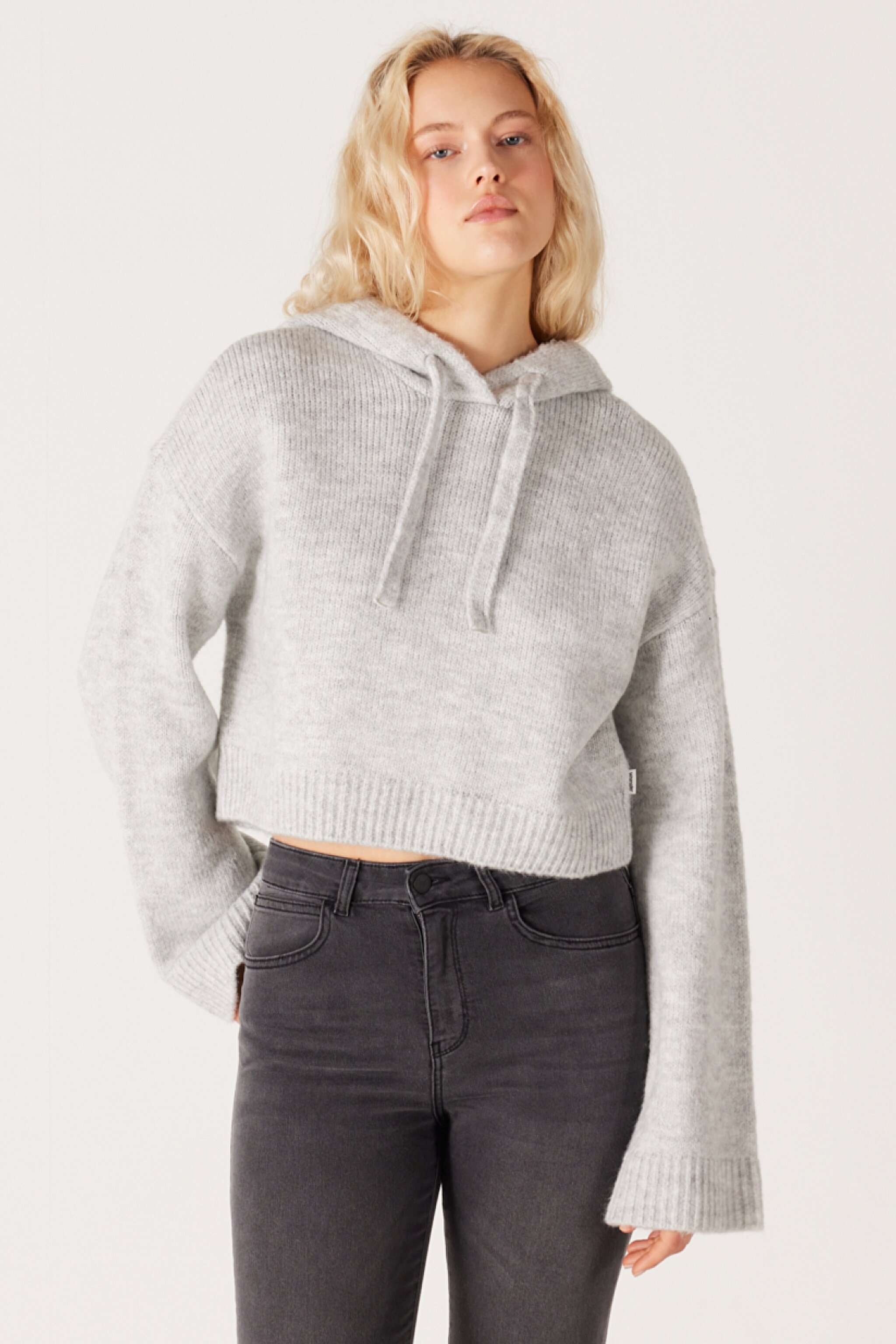Regular Fit Normal Kesim Kapüşonlu Gri Triko Kazak - Gray-W232523035