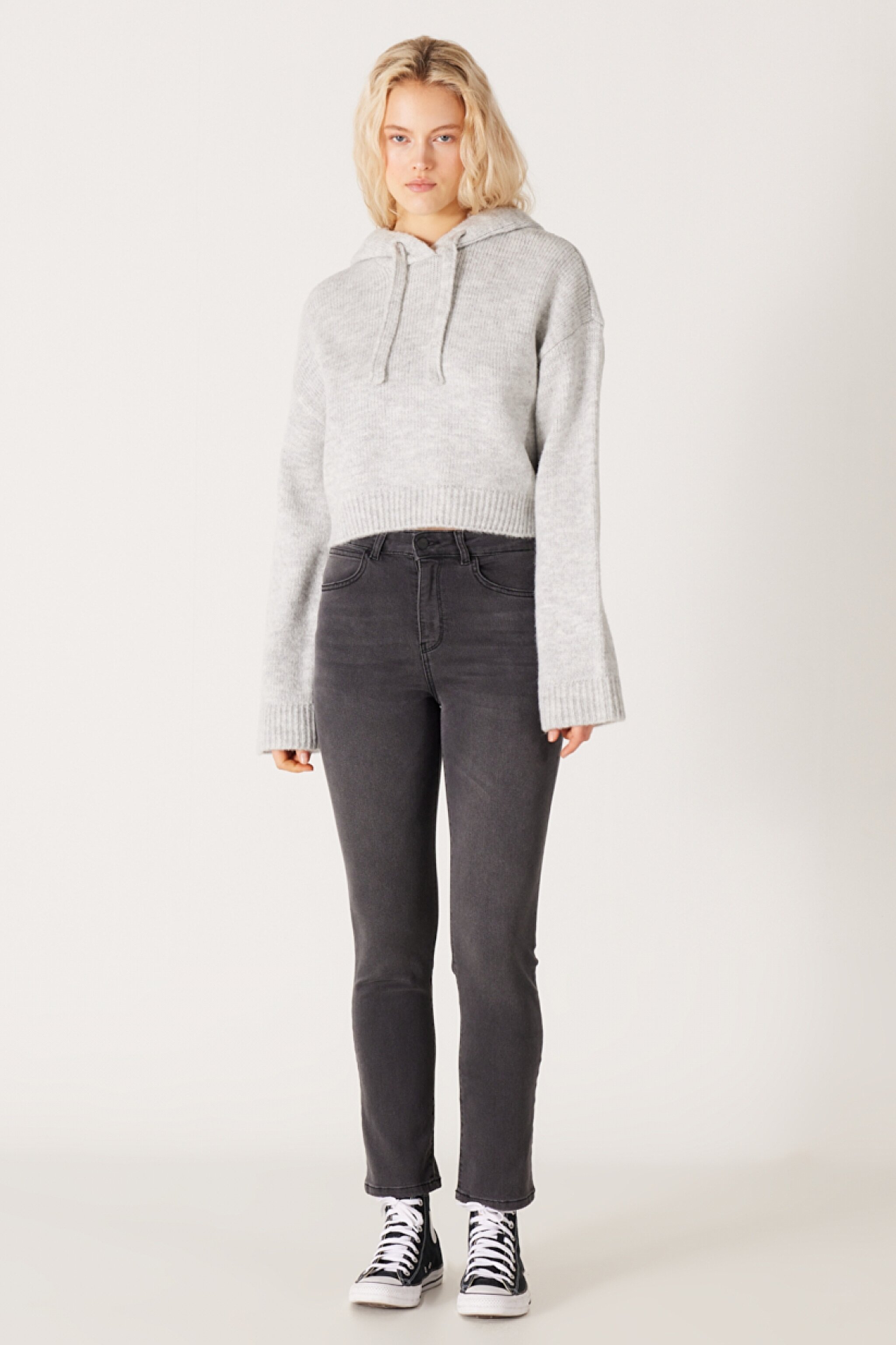 Regular Fit Normal Kesim Kapüşonlu Gri Triko Kazak - Gray-W232523035 (görsel 7)