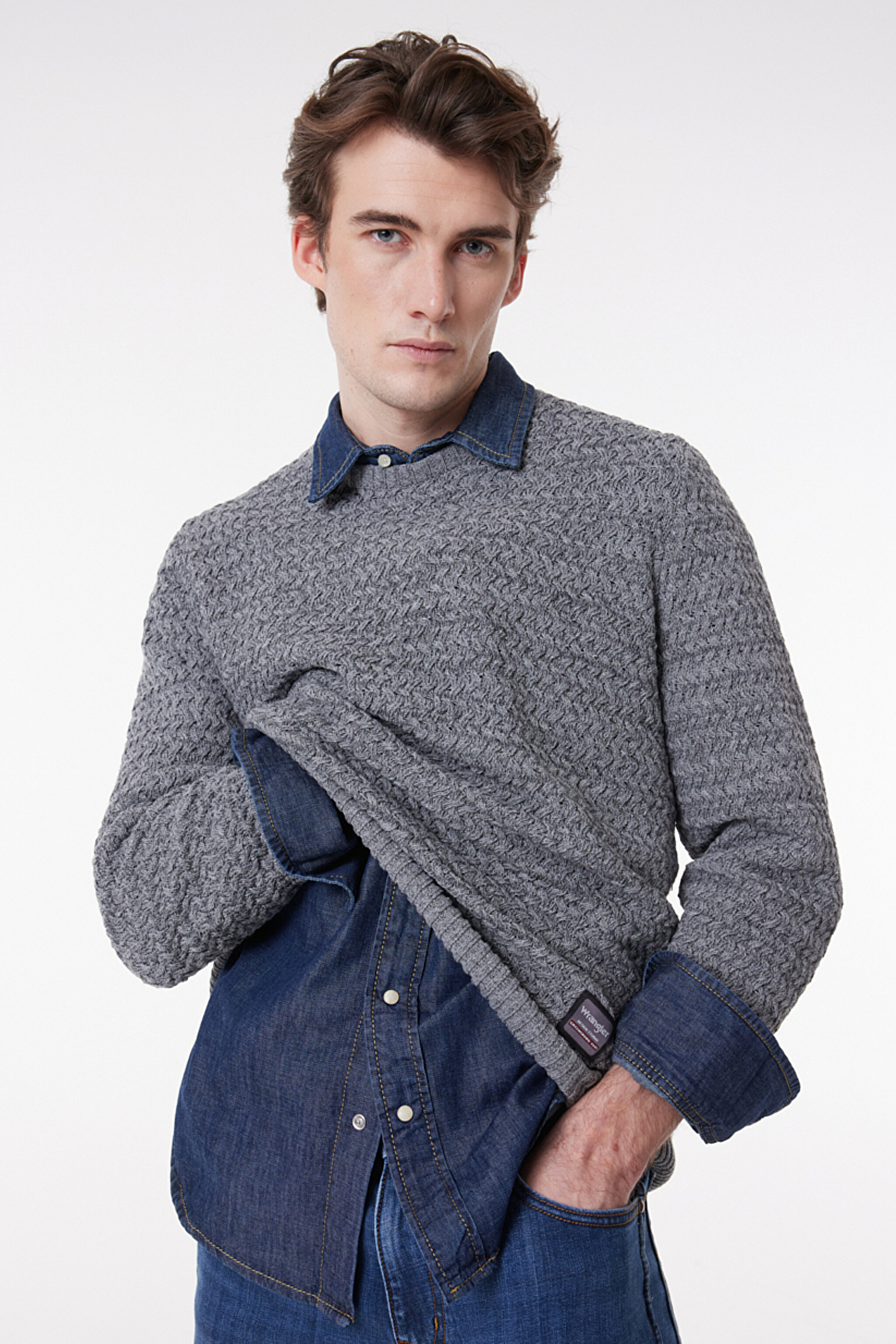 Regular Fit Normal Kesim Bisiklet Yaka Gri Melanj Triko Kazak - Gray Melange-W232580036 (görsel 2)