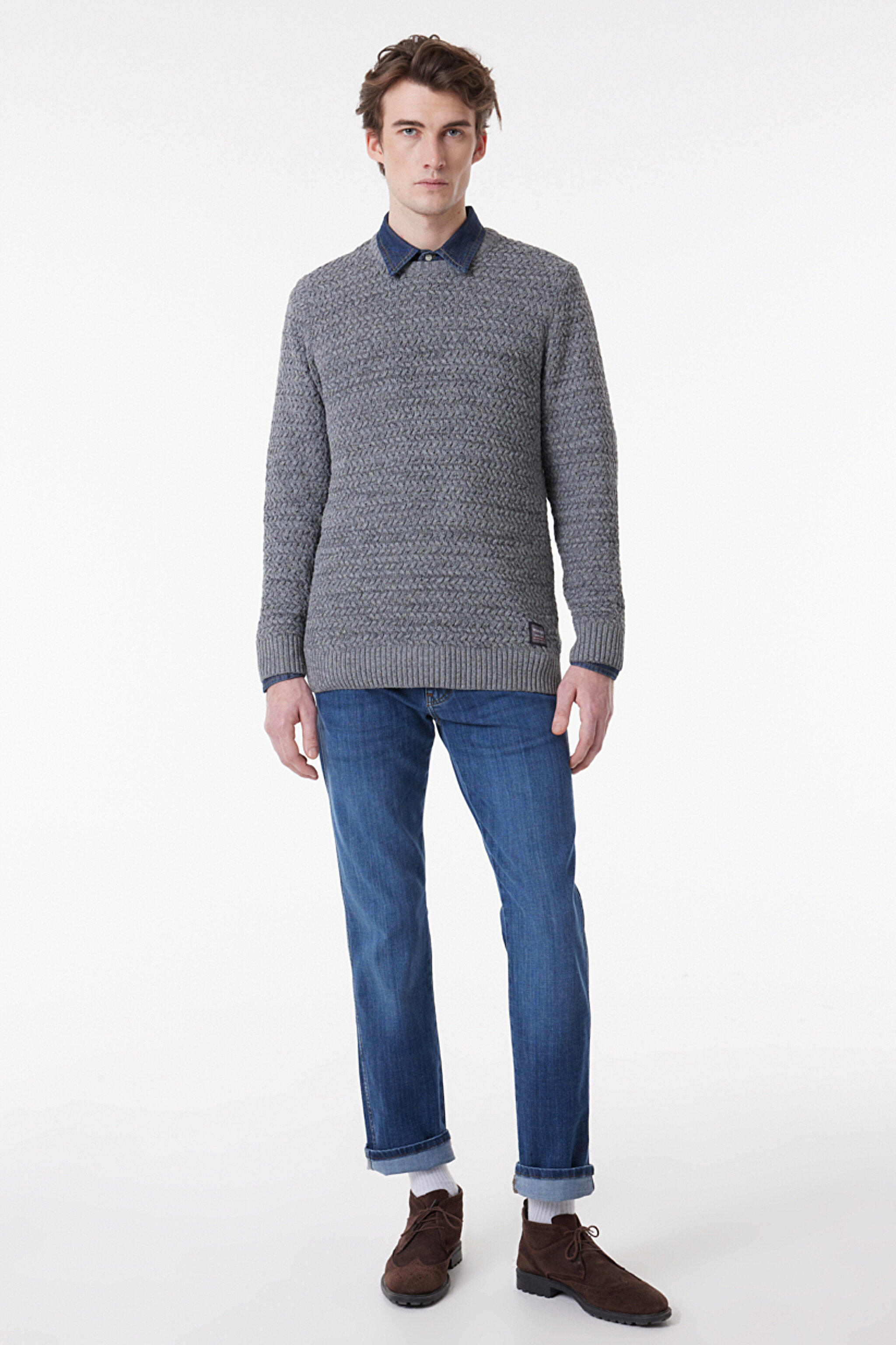 Regular Fit Normal Kesim Bisiklet Yaka Gri Melanj Triko Kazak - Gray Melange-W232580036 (görsel 3)