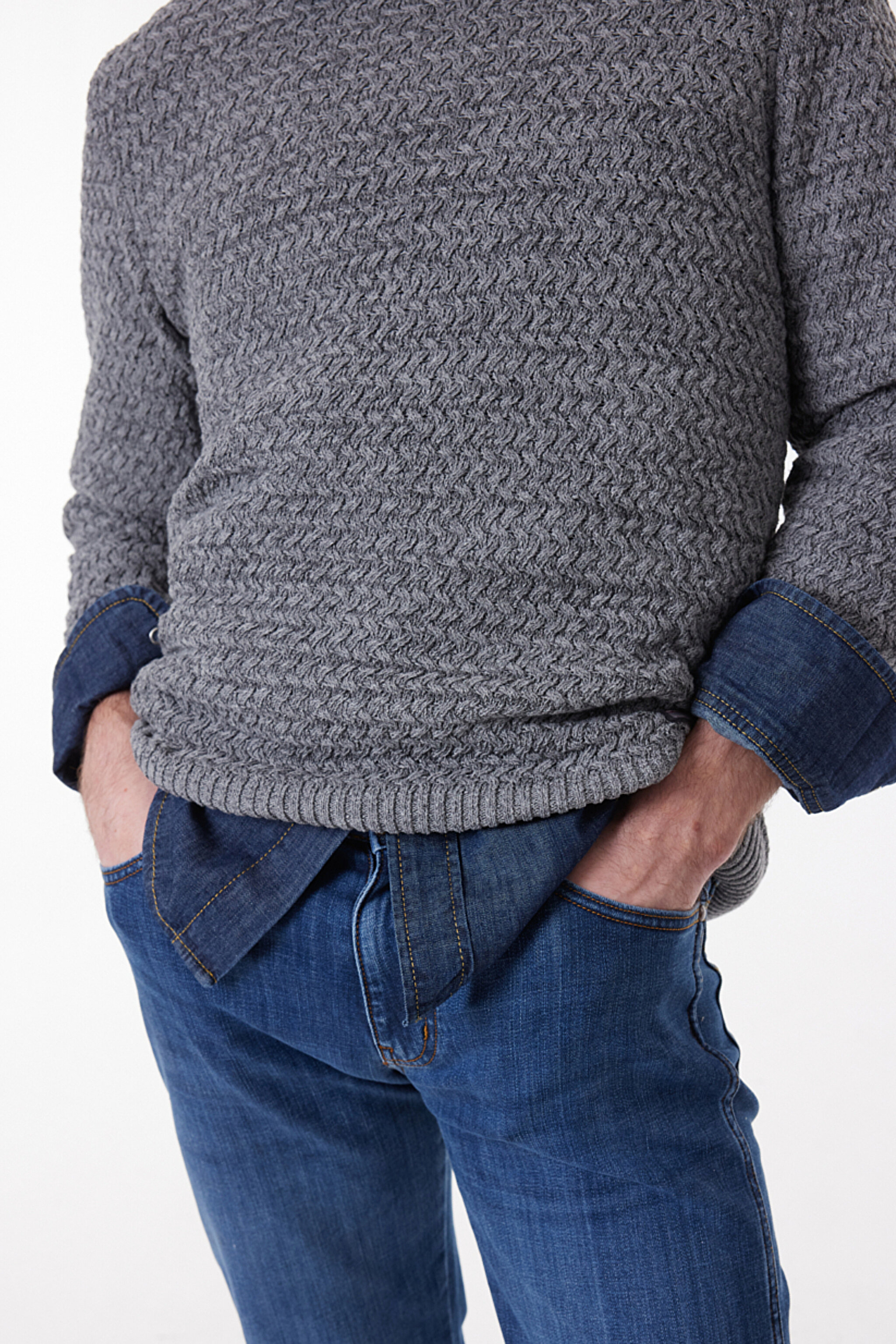 Regular Fit Normal Kesim Bisiklet Yaka Gri Melanj Triko Kazak - Gray Melange-W232580036 (görsel 4)