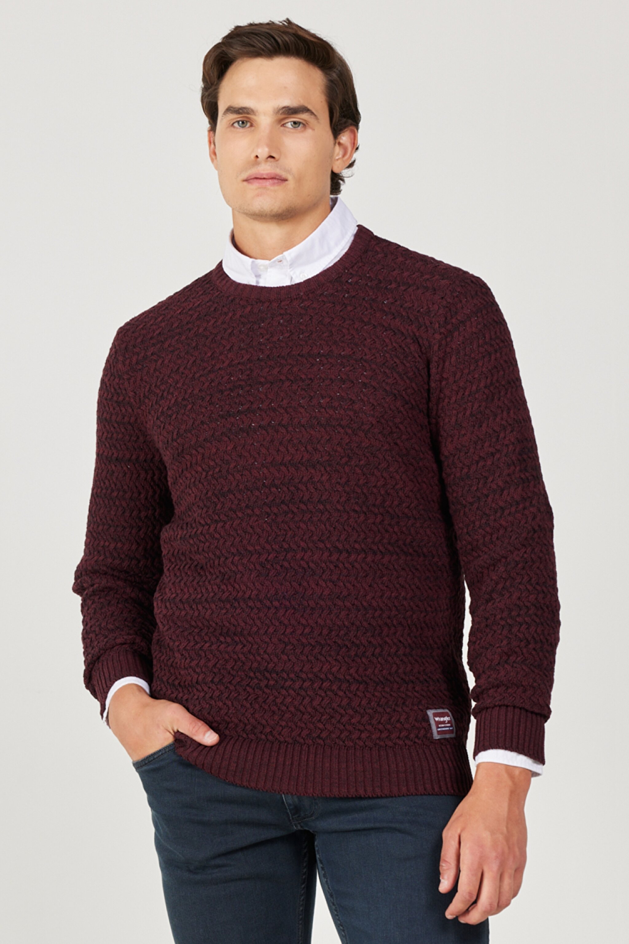 Regular Fit Normal Kesim Bisiklet Yaka Bordo Triko Kazak - Wine-W232580810