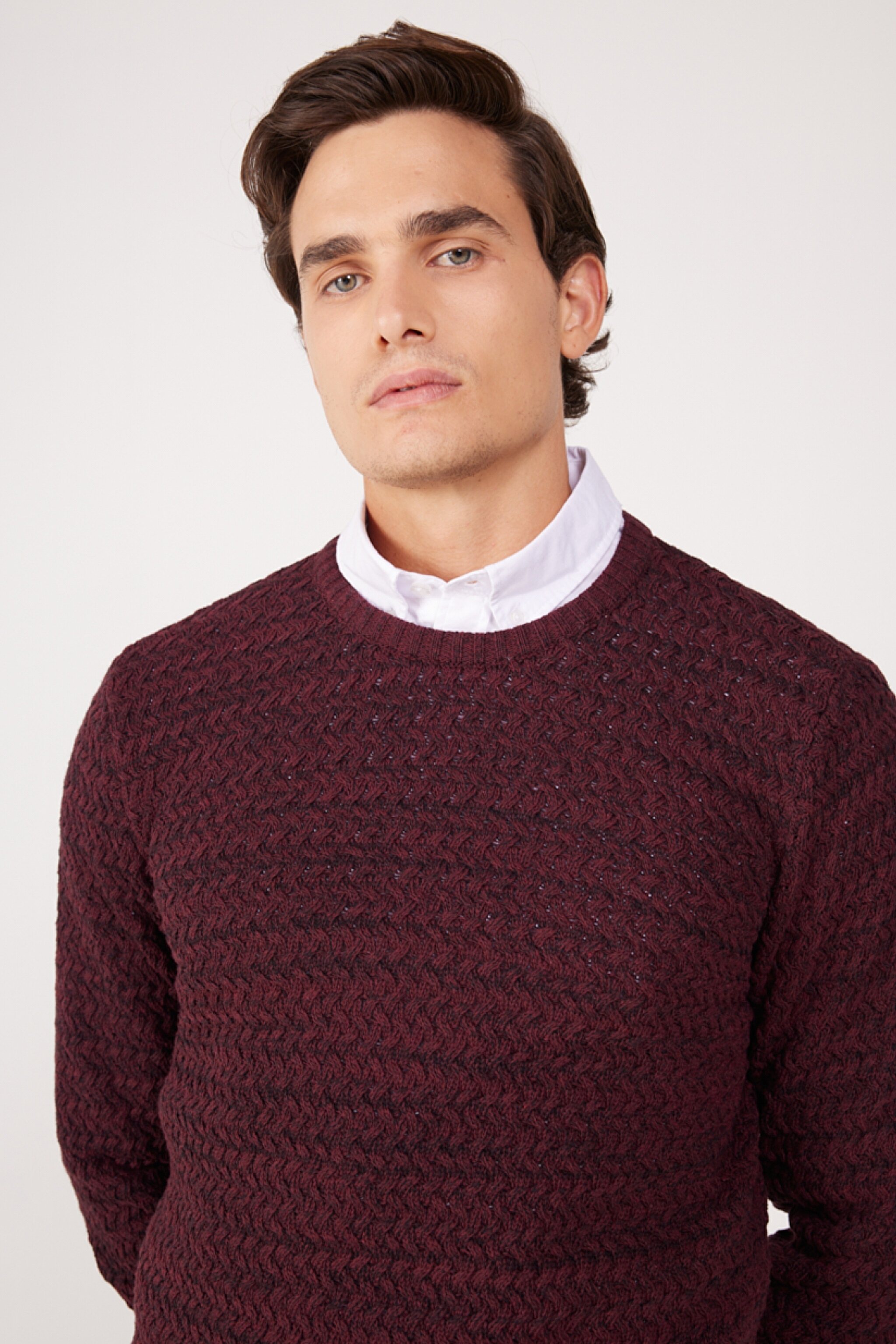 Regular Fit Normal Kesim Bisiklet Yaka Bordo Triko Kazak - Wine-W232580810 (görsel 3)