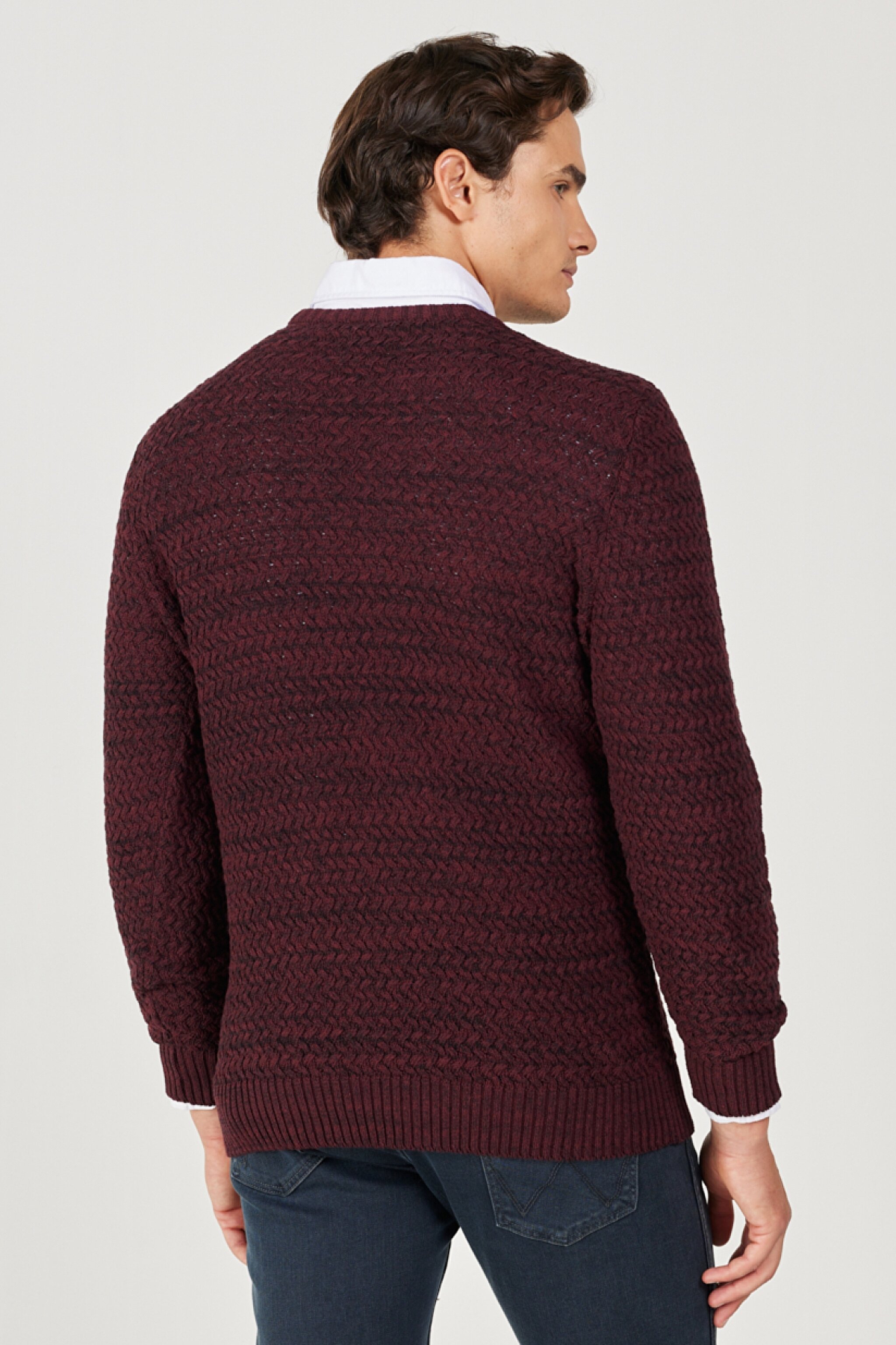 Regular Fit Normal Kesim Bisiklet Yaka Bordo Triko Kazak - Wine-W232580810 (görsel 6)