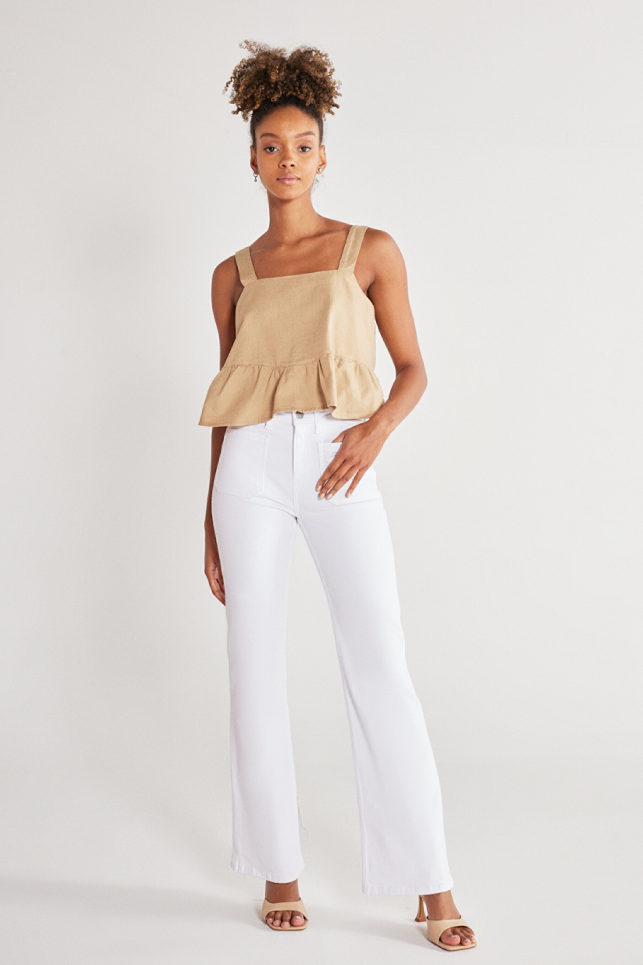 Flare Fit Yüksek Bel İspanyol Paça Kırık Beyaz Esnek Pantolon - Off White-W233001102 (görsel 2)