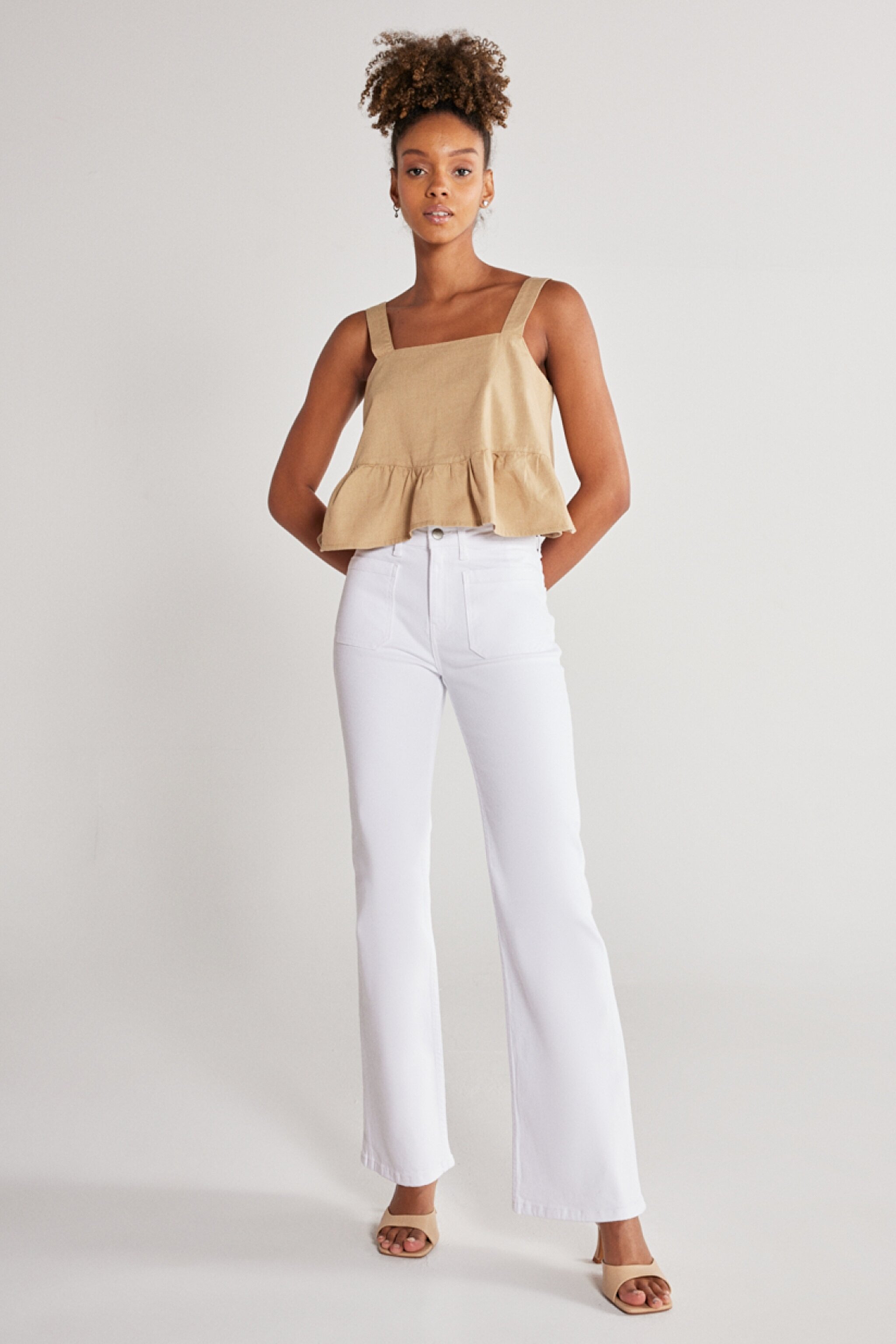 Flare Fit Yüksek Bel İspanyol Paça Kırık Beyaz Esnek Pantolon - Off White-W233001102 (görsel 3)