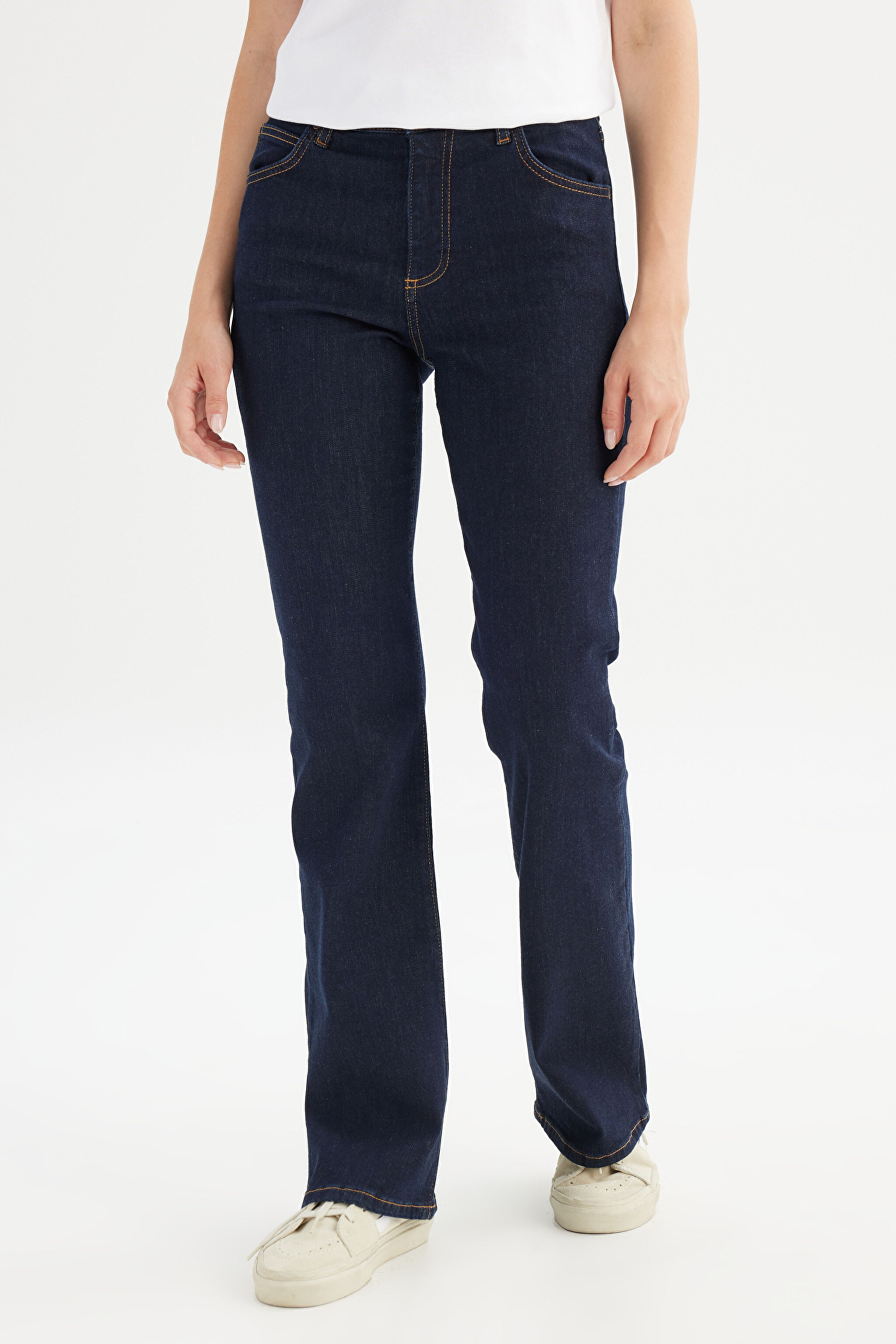 Flare Fit Normal Bel Geniş Paça Lacivert Esnek Jean Denim Pantolon