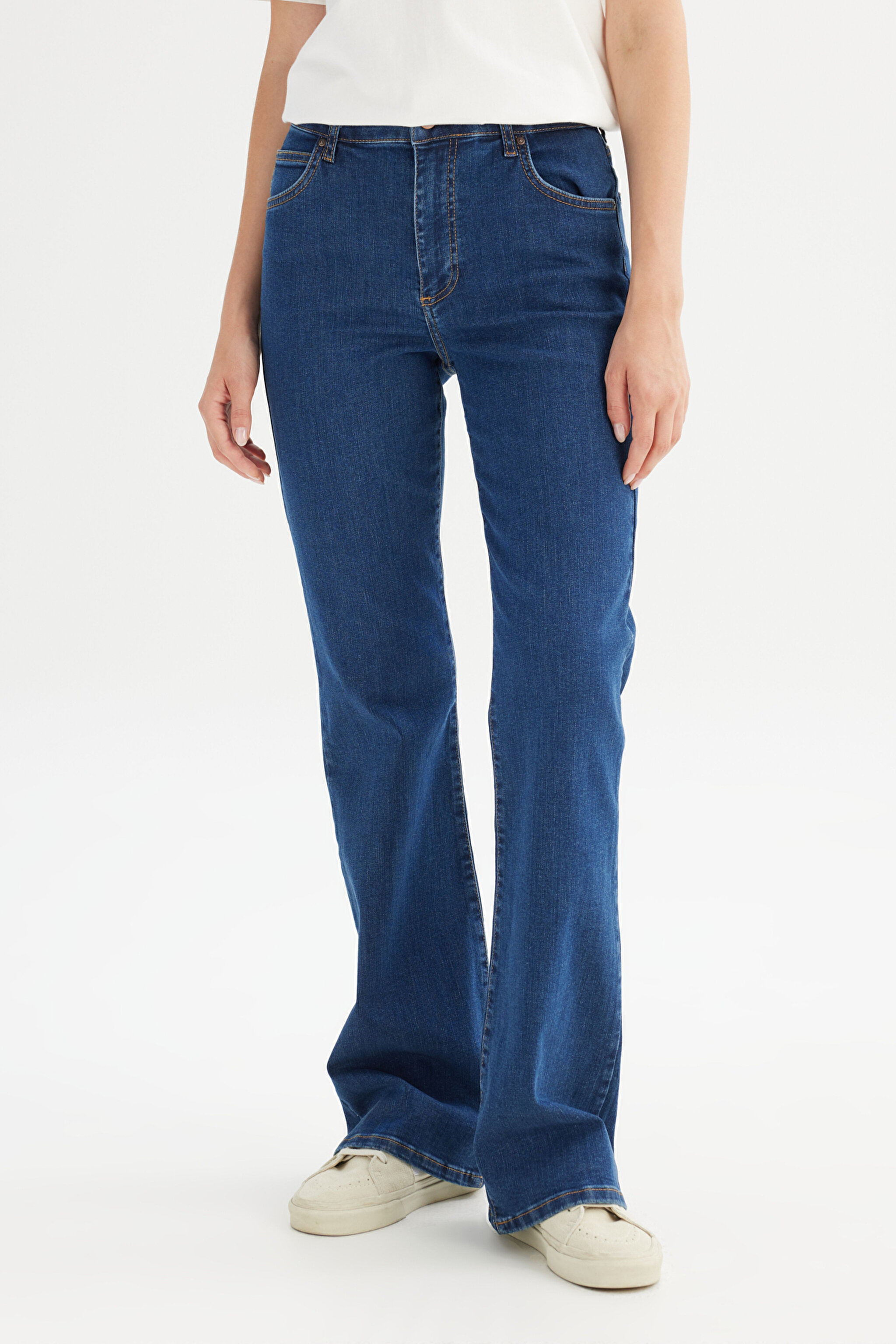 Flare Fit Geniş Paça Yüksek Bel Mavi Pamuklu Esnek Denim Jean