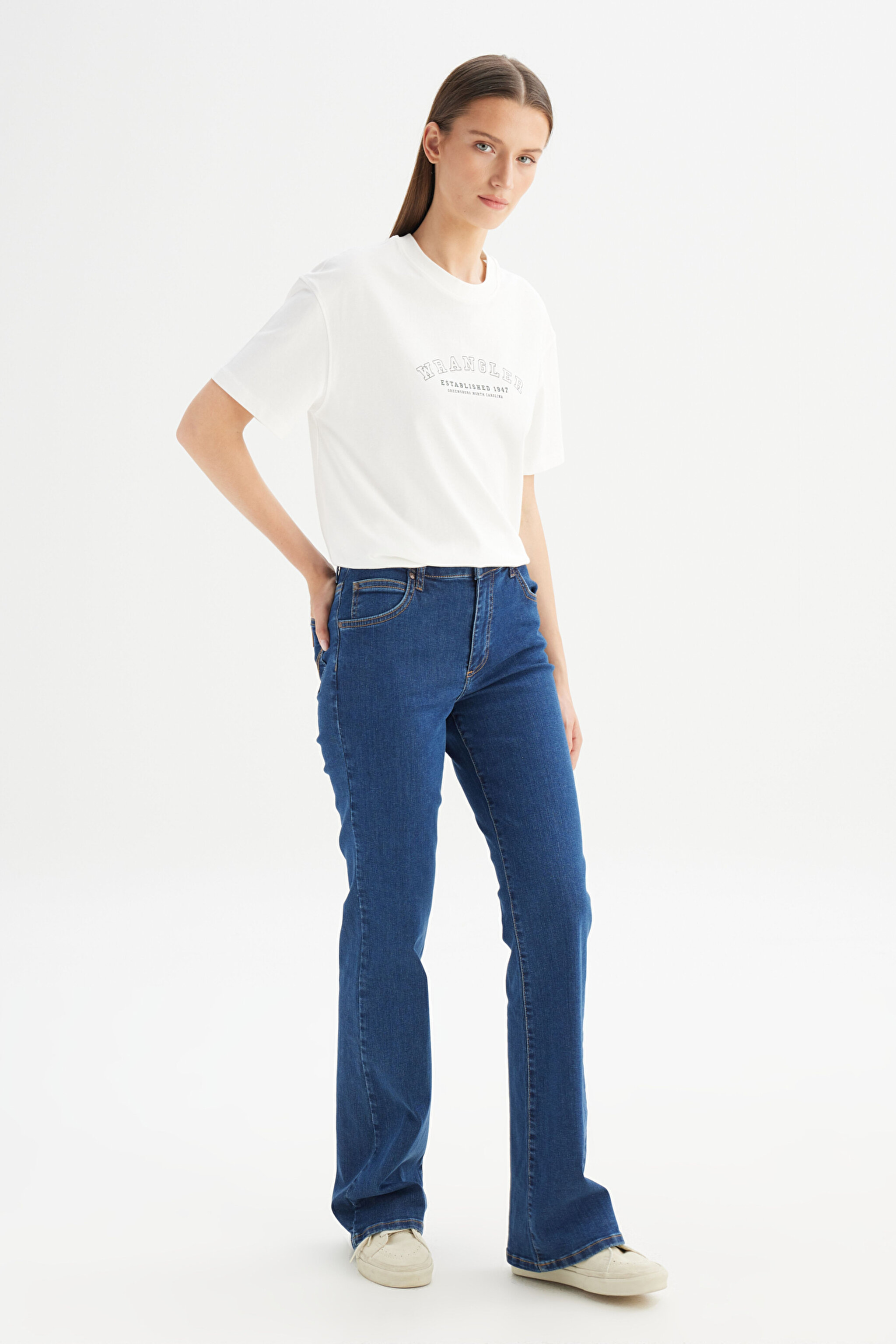 Flare Fit Geniş Paça Yüksek Bel Mavi Pamuklu Esnek Denim Jean Pantolon - Mid Blue-W233006XT (görsel 3)