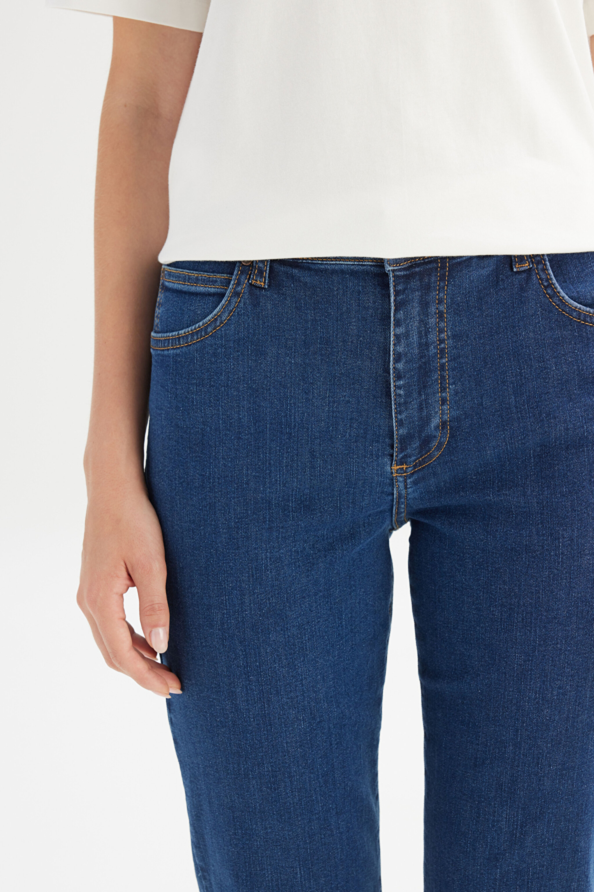 Flare Fit Geniş Paça Yüksek Bel Mavi Pamuklu Esnek Denim Jean Pantolon - Mid Blue-W233006XT (görsel 4)
