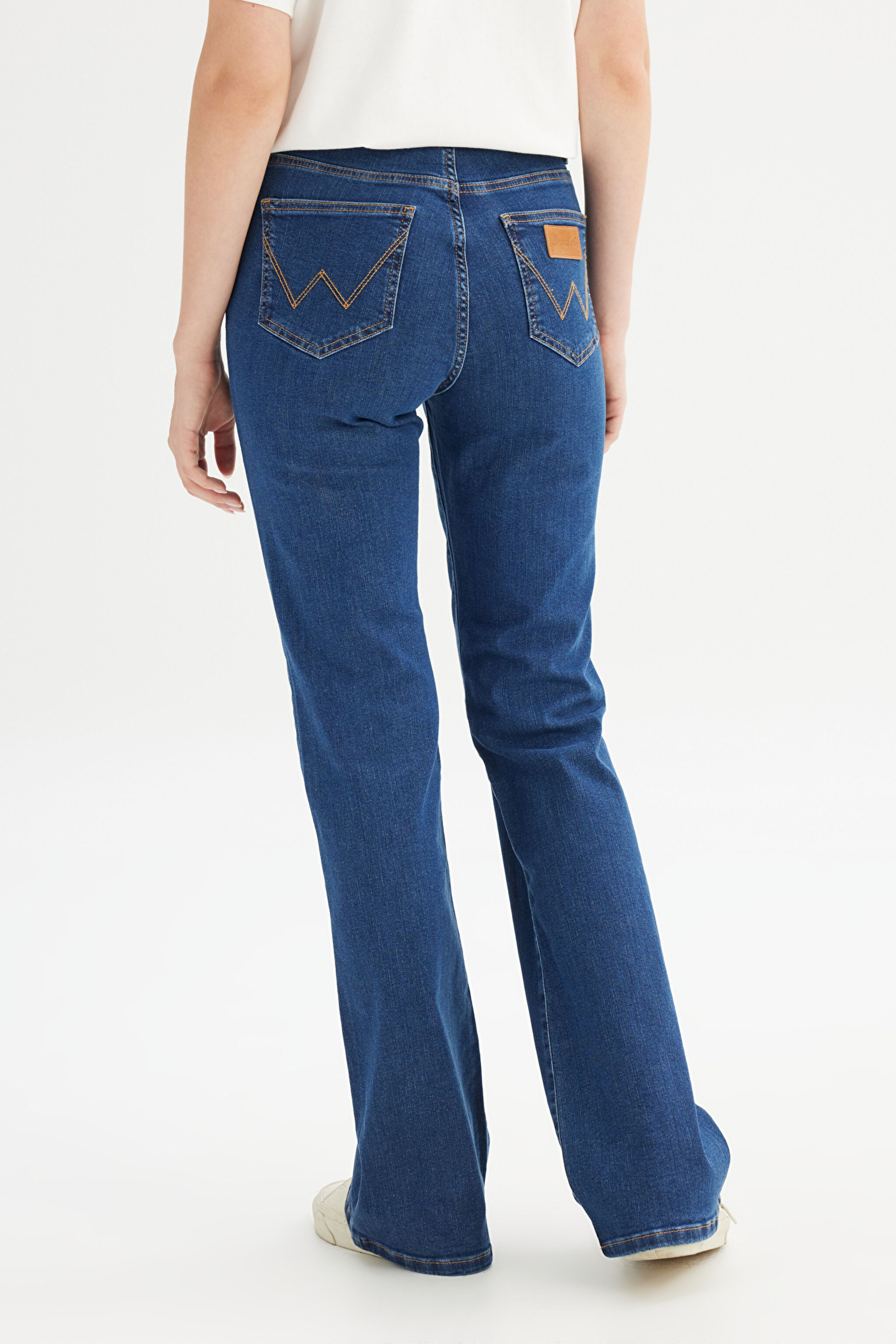 Flare Fit Geniş Paça Yüksek Bel Mavi Pamuklu Esnek Denim Jean Pantolon - Mid Blue-W233006XT (görsel 5)