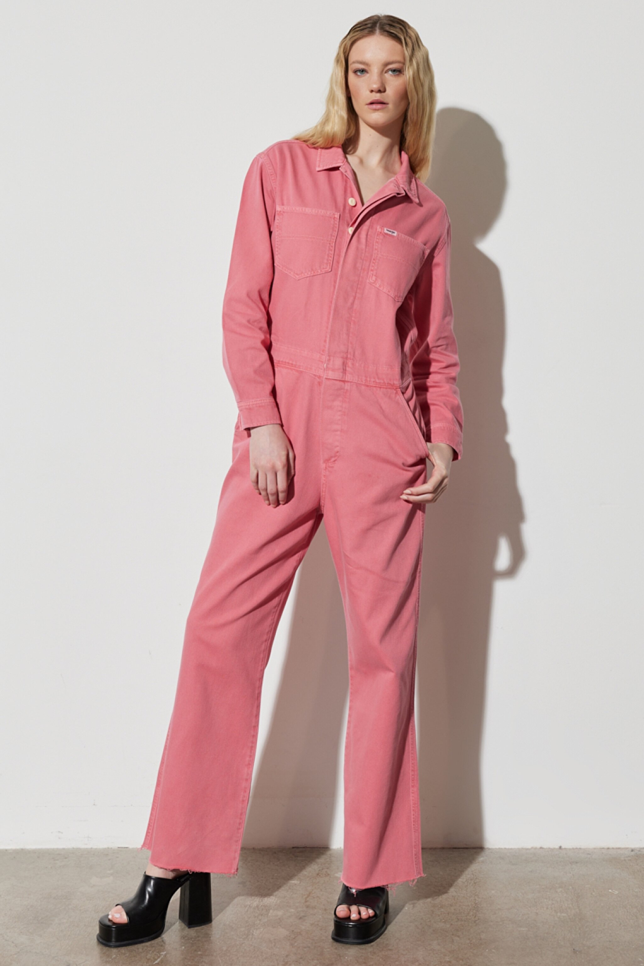 Kick Flare Regular Fit Normal Kesim Gömlek Yaka Geniş Paça Pembe Tulum