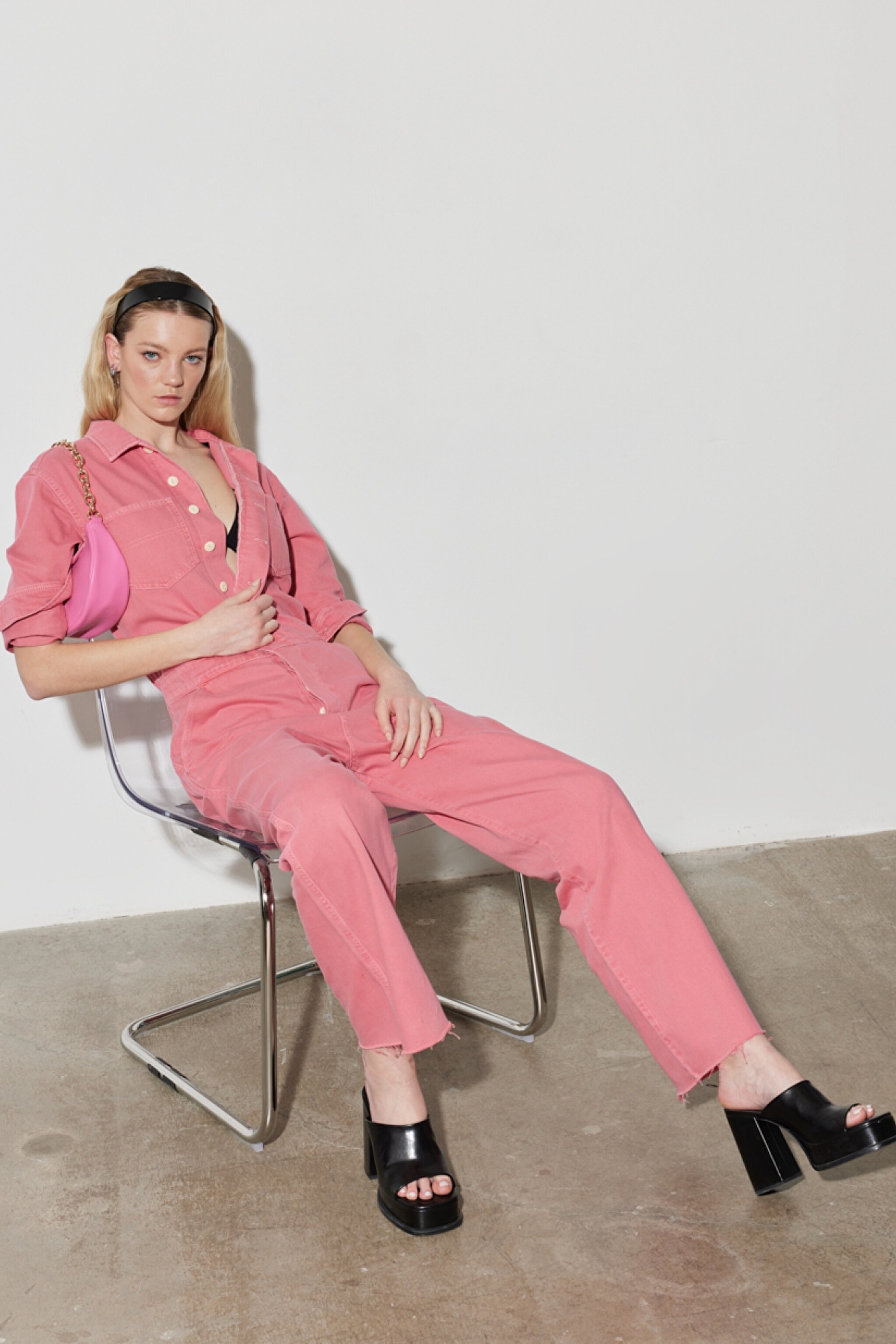 Kick Flare Regular Fit Normal Kesim Gömlek Yaka Geniş Paça Pembe Tulum - Desert Rose-W237XMP63 (görsel 3)