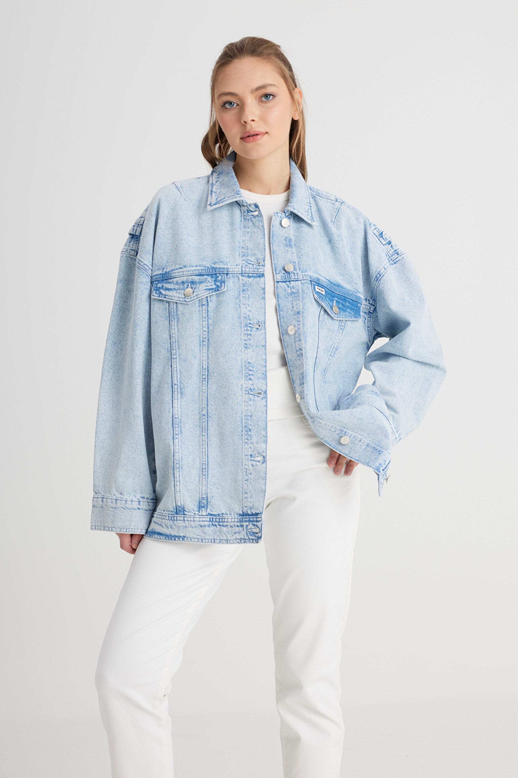 Relaxed Fit Geniş Kesim %100 Pamuk Açık Mavi Jean Kot Ceket