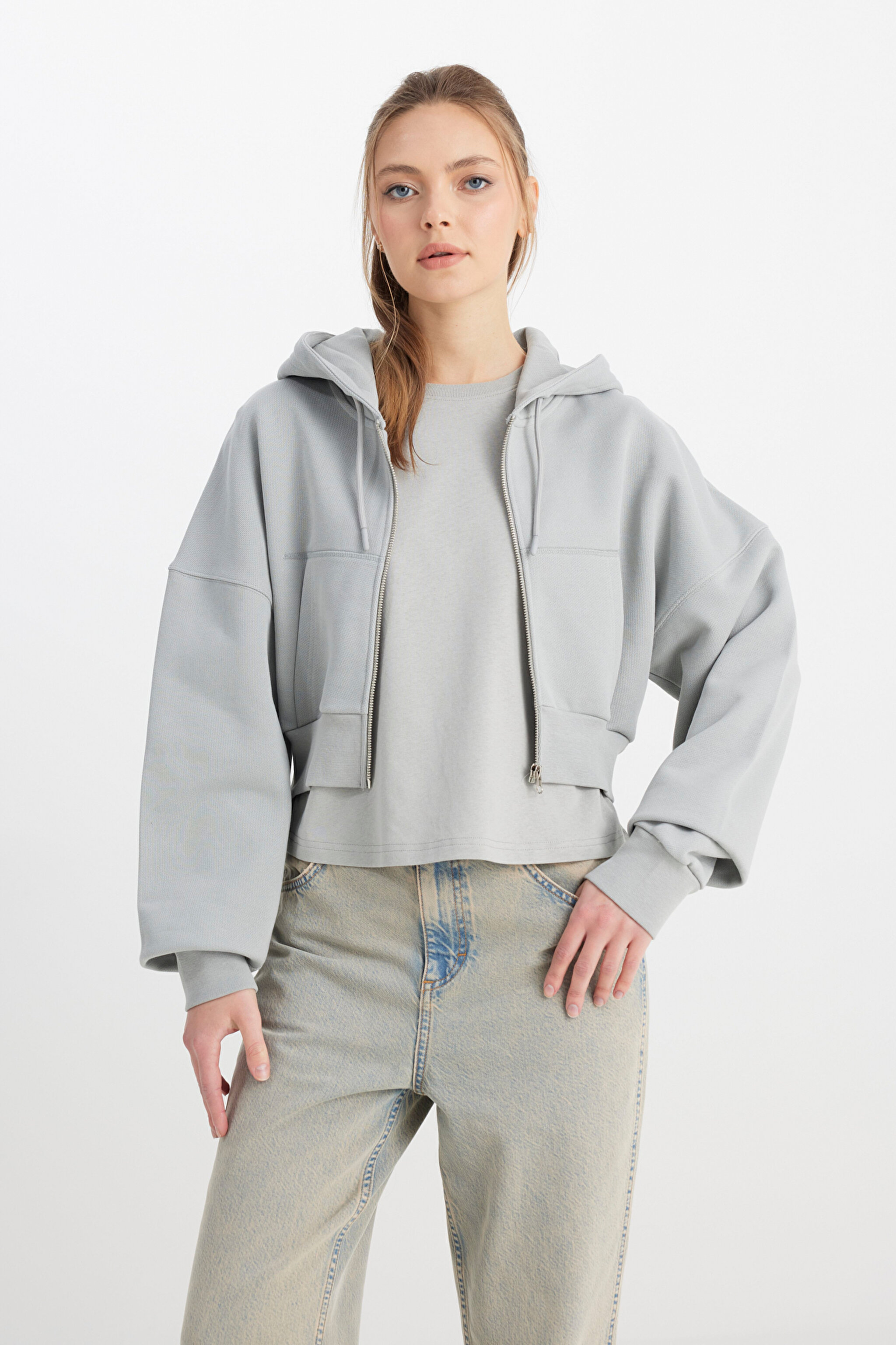 Relaxed Fit Geniş Kesim Kapüşonlu Fermuarlı %100 Pamuk Gri Sweatshirt Ceket - Gray-W241178035