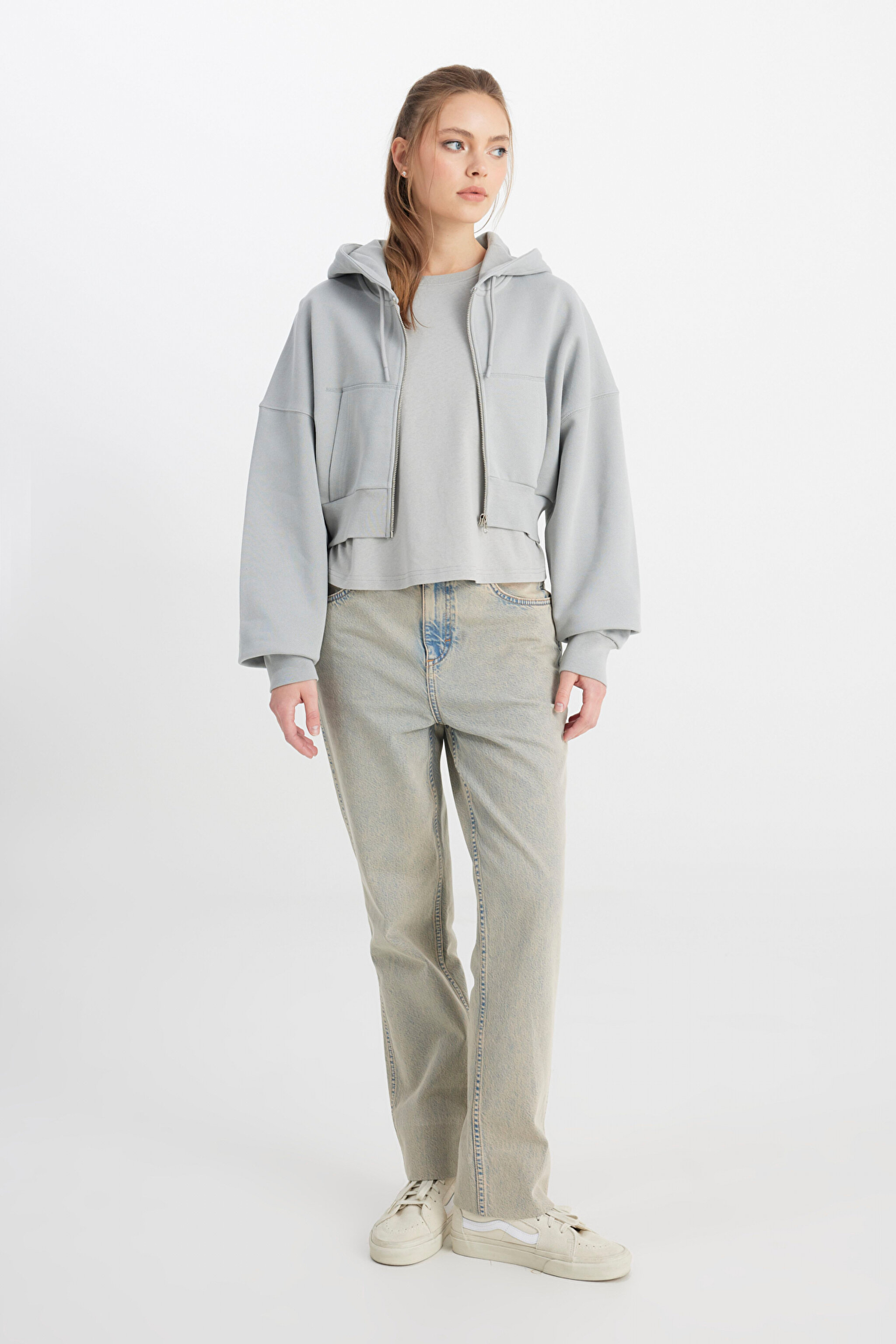Relaxed Fit Geniş Kesim Kapüşonlu Fermuarlı %100 Pamuk Gri Sweatshirt Ceket - Gray-W241178035 (görsel 4)