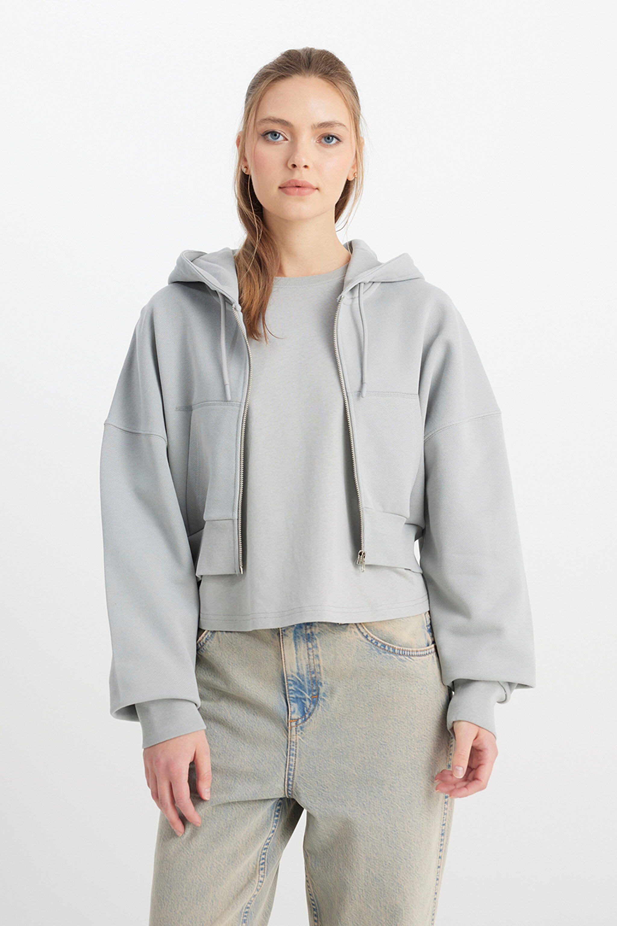 Relaxed Fit Geniş Kesim Kapüşonlu Fermuarlı %100 Pamuk Gri Sweatshirt Ceket - Gray-W241178035 (görsel 5)