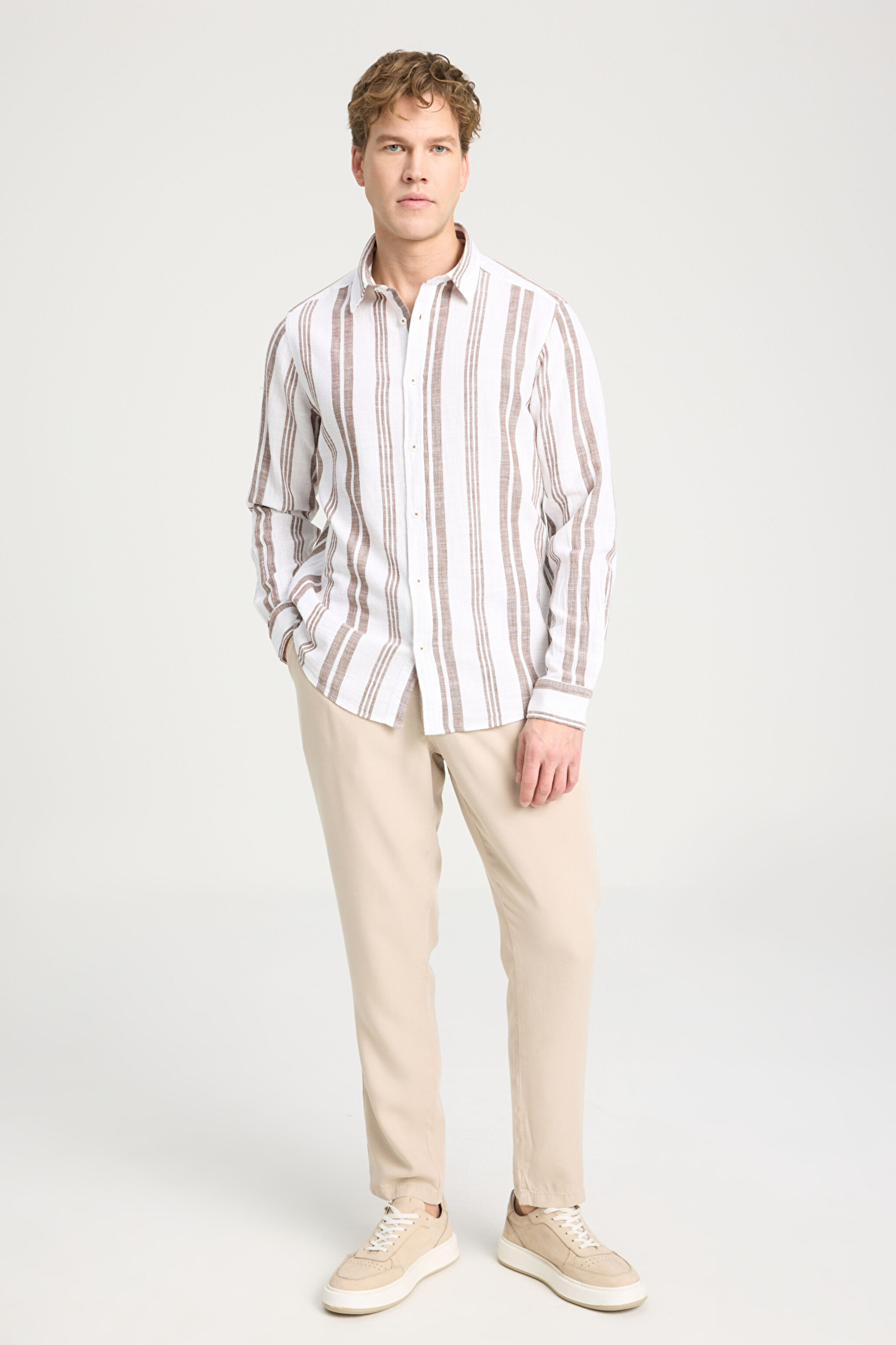 Relaxed Fit Geniş Kesim %100 Pamuk Kahverengi Gömlek - Brown-W241232220 (görsel 3)
