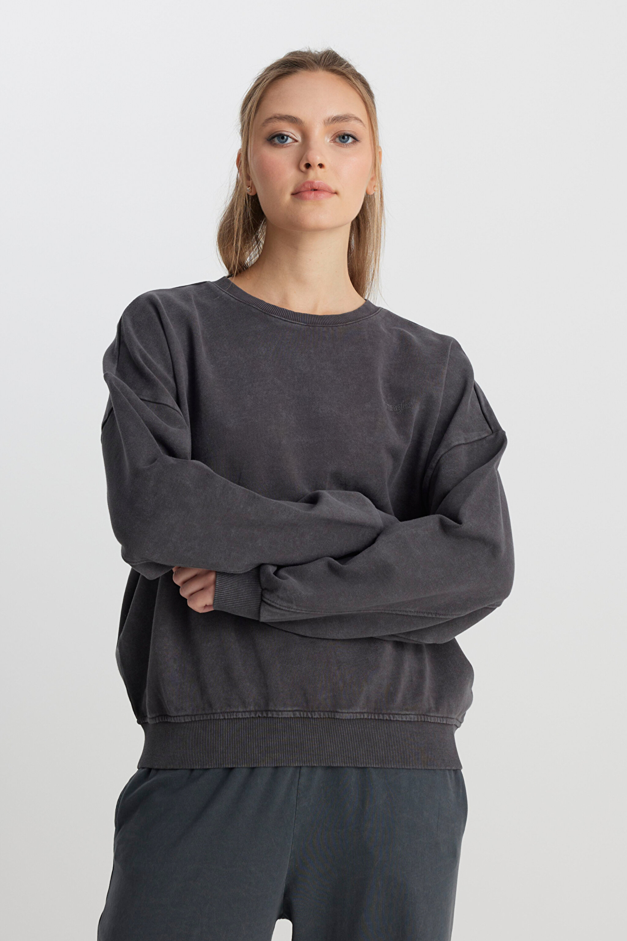 Relaxed Fit Geniş Kesim Bisiklet Yaka %100 Pamuk Antrasit Sweatshirt - Anthracite-W241234003