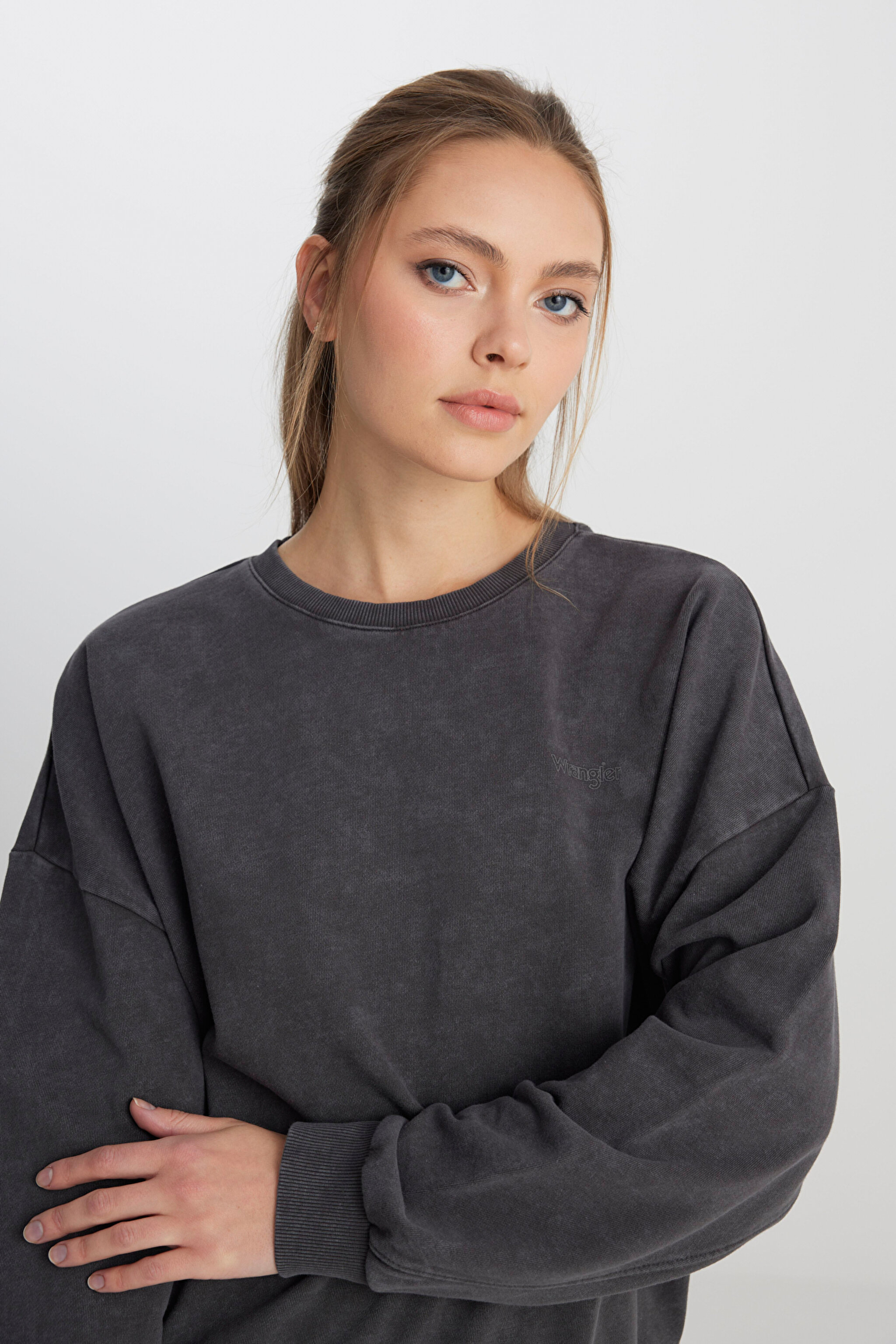 Relaxed Fit Geniş Kesim Bisiklet Yaka %100 Pamuk Antrasit Sweatshirt - Anthracite-W241234003 (görsel 2)