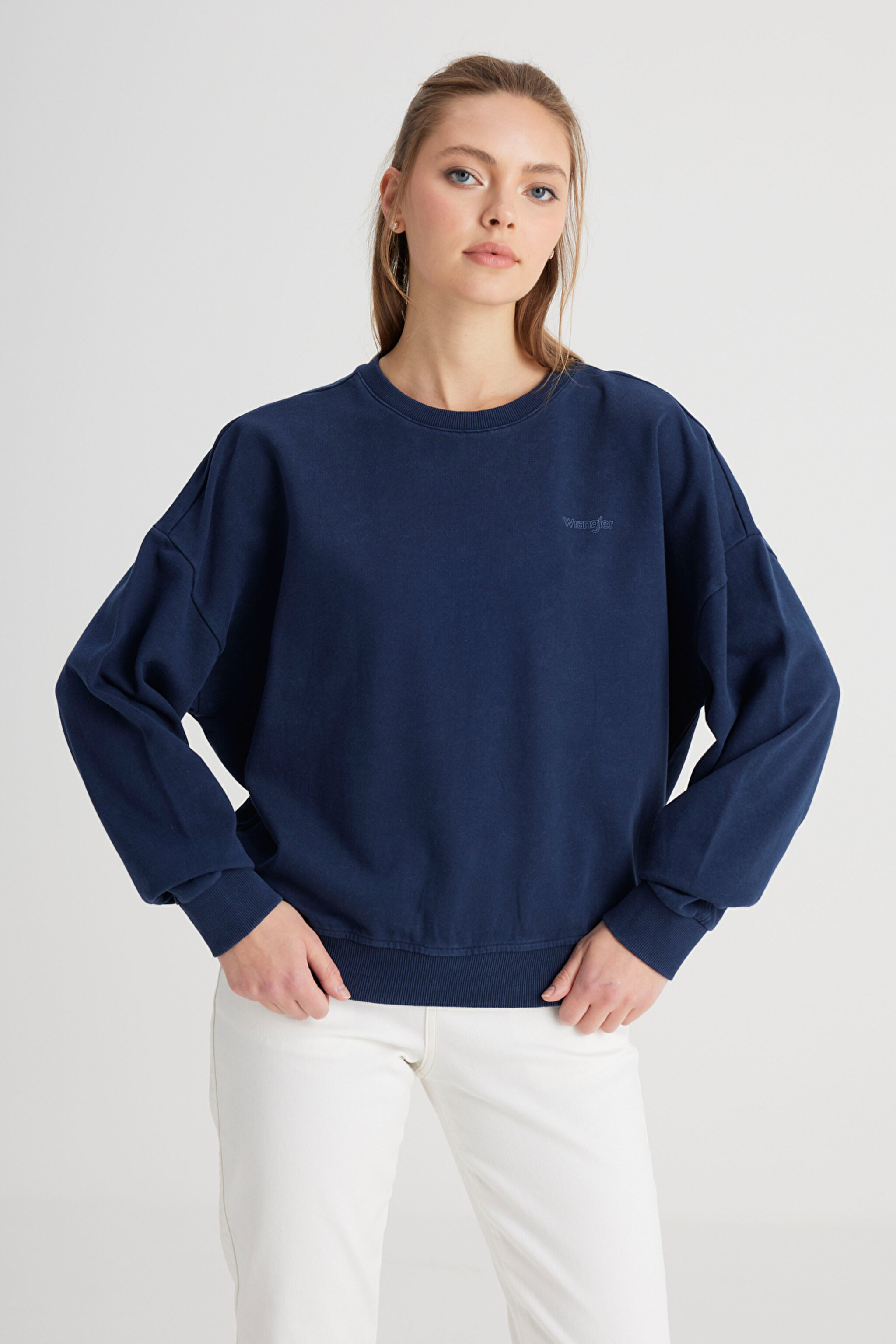 Relaxed Fit Geniş Kesim Bisiklet Yaka %100 Pamuk Lacivert Sweatshirt