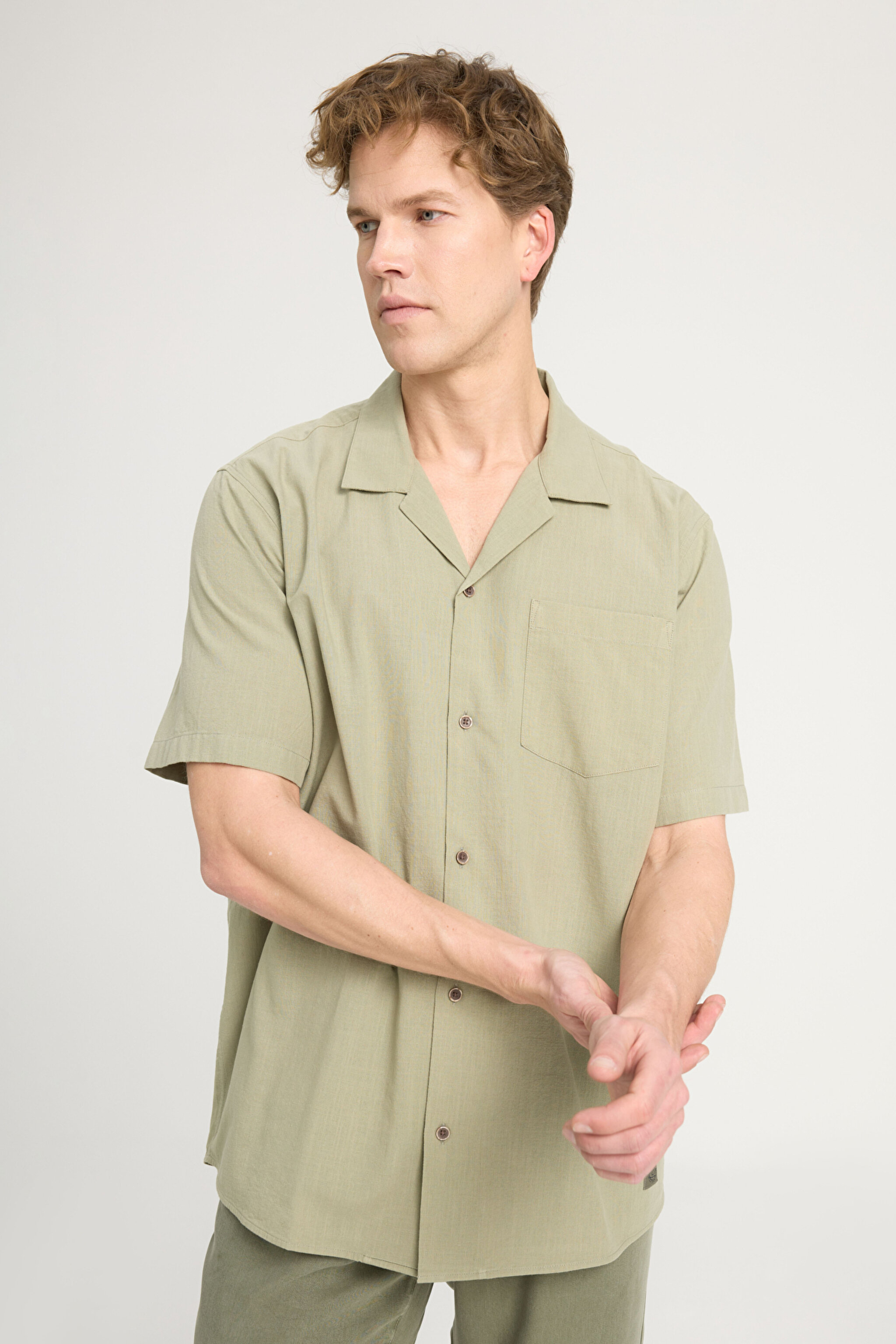 Relaxed Fit Geniş Kesim Kısa Kollu %100 Pamuk Yeşil Gömlek - Green-W241243300
