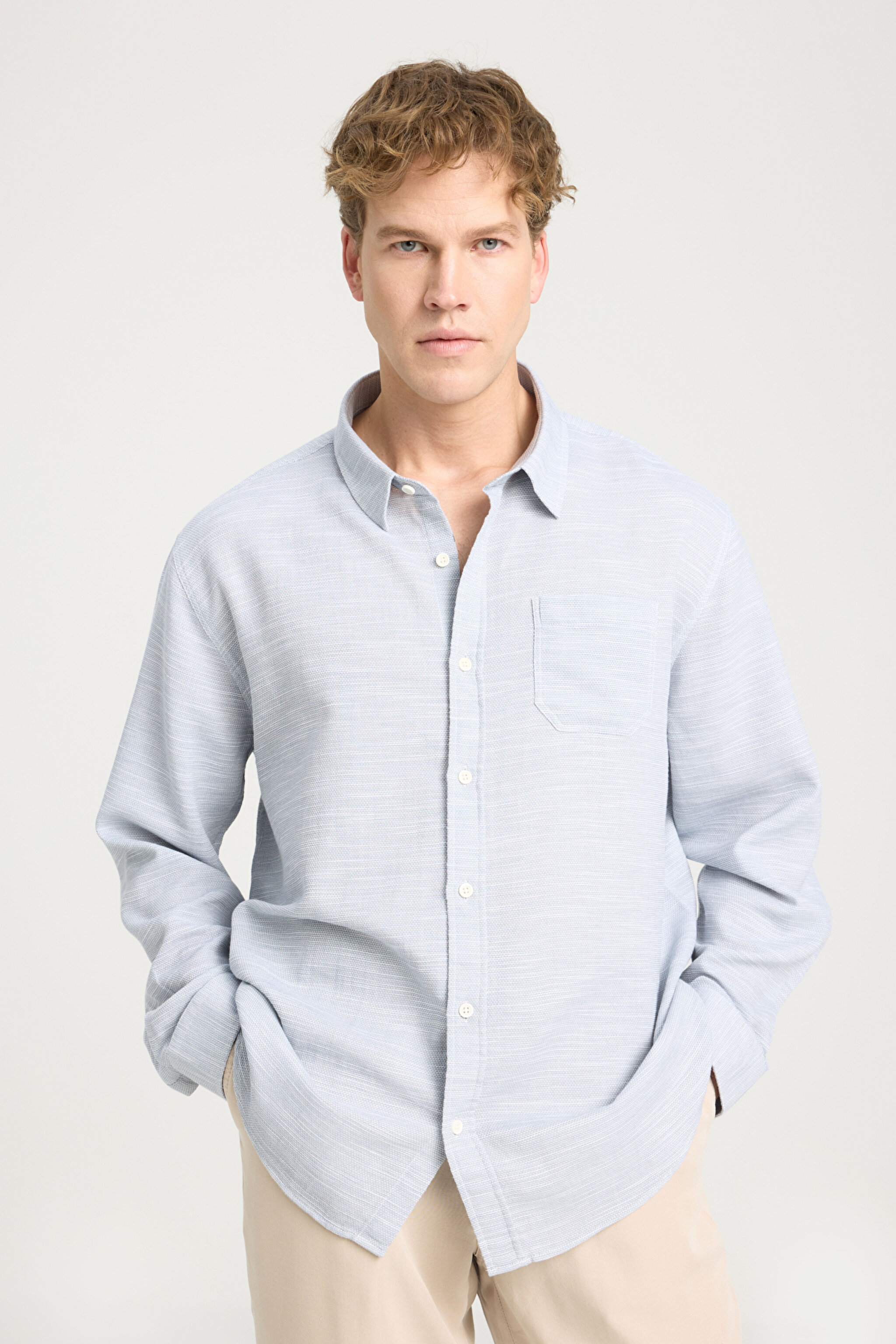 Loose Fit Rahat Kesim %100 Pamuk Gri Gömlek - Gray-W241248035