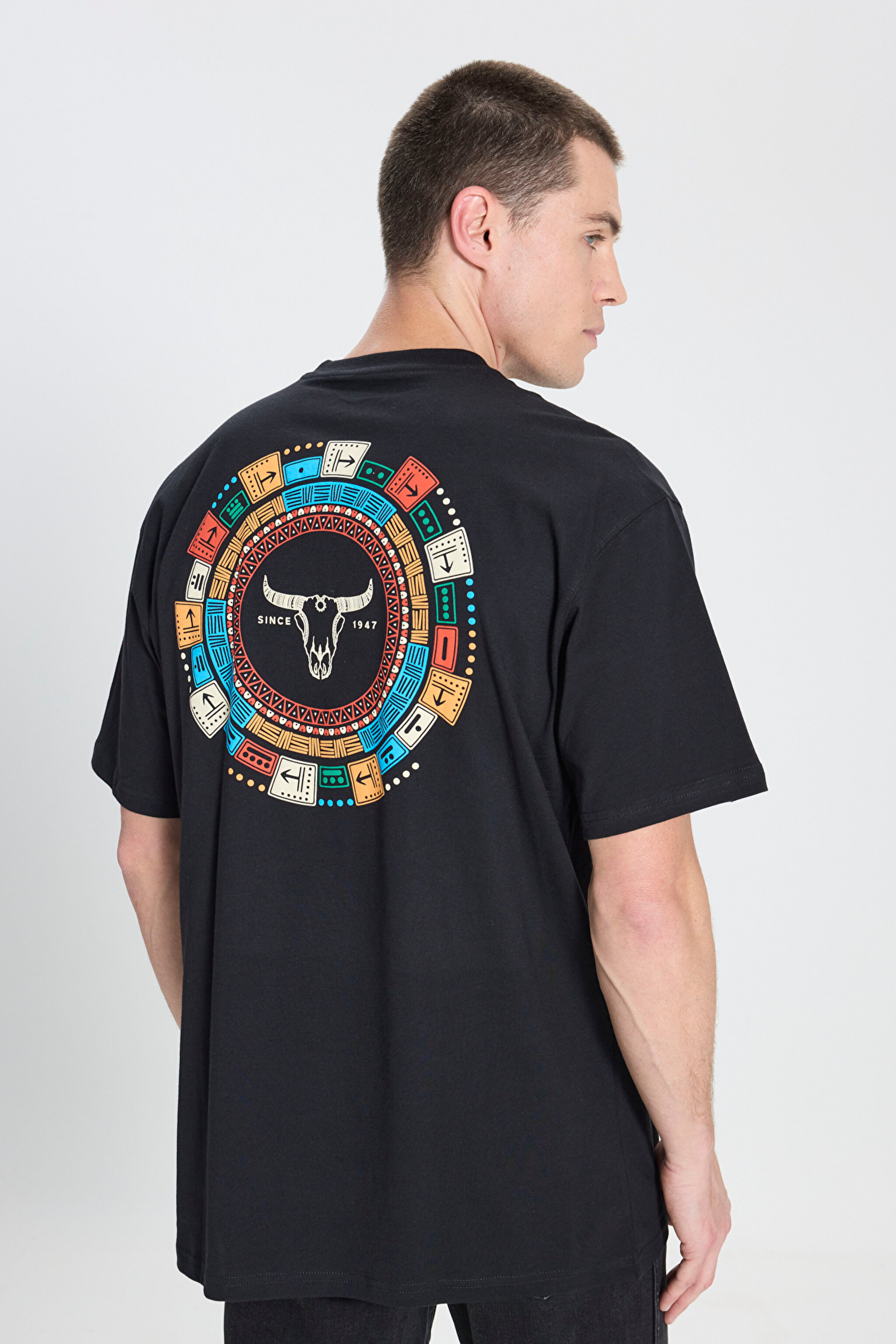 Loose Fit Rahat Kesim Bisiklet Yaka %100 Pamuk Siyah Tişört - Black-W241299001 (görsel 6)