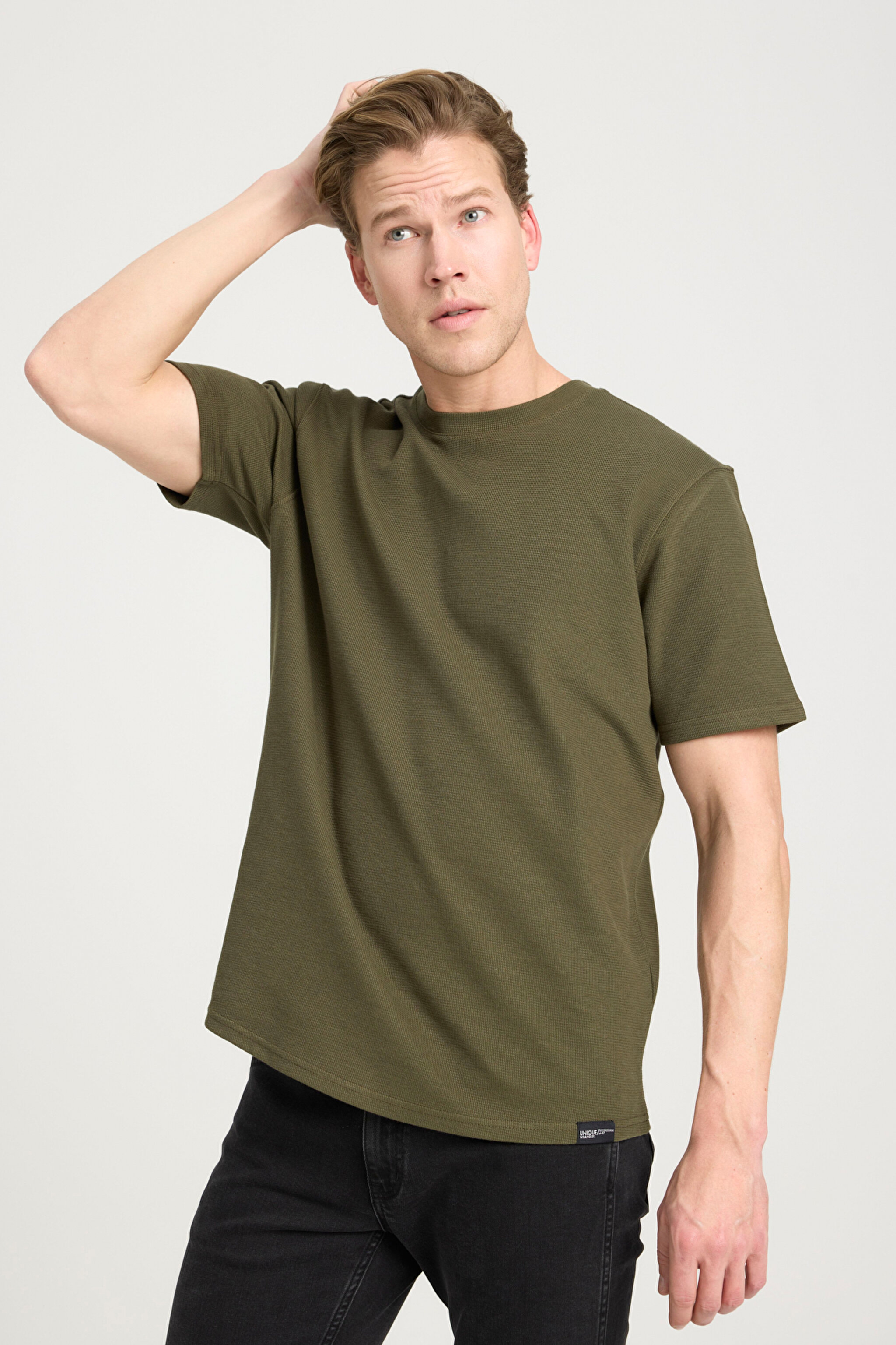 Regular Fit Normal Kesim Bisiklet Yaka Haki Tişört - Khaki-W241404801