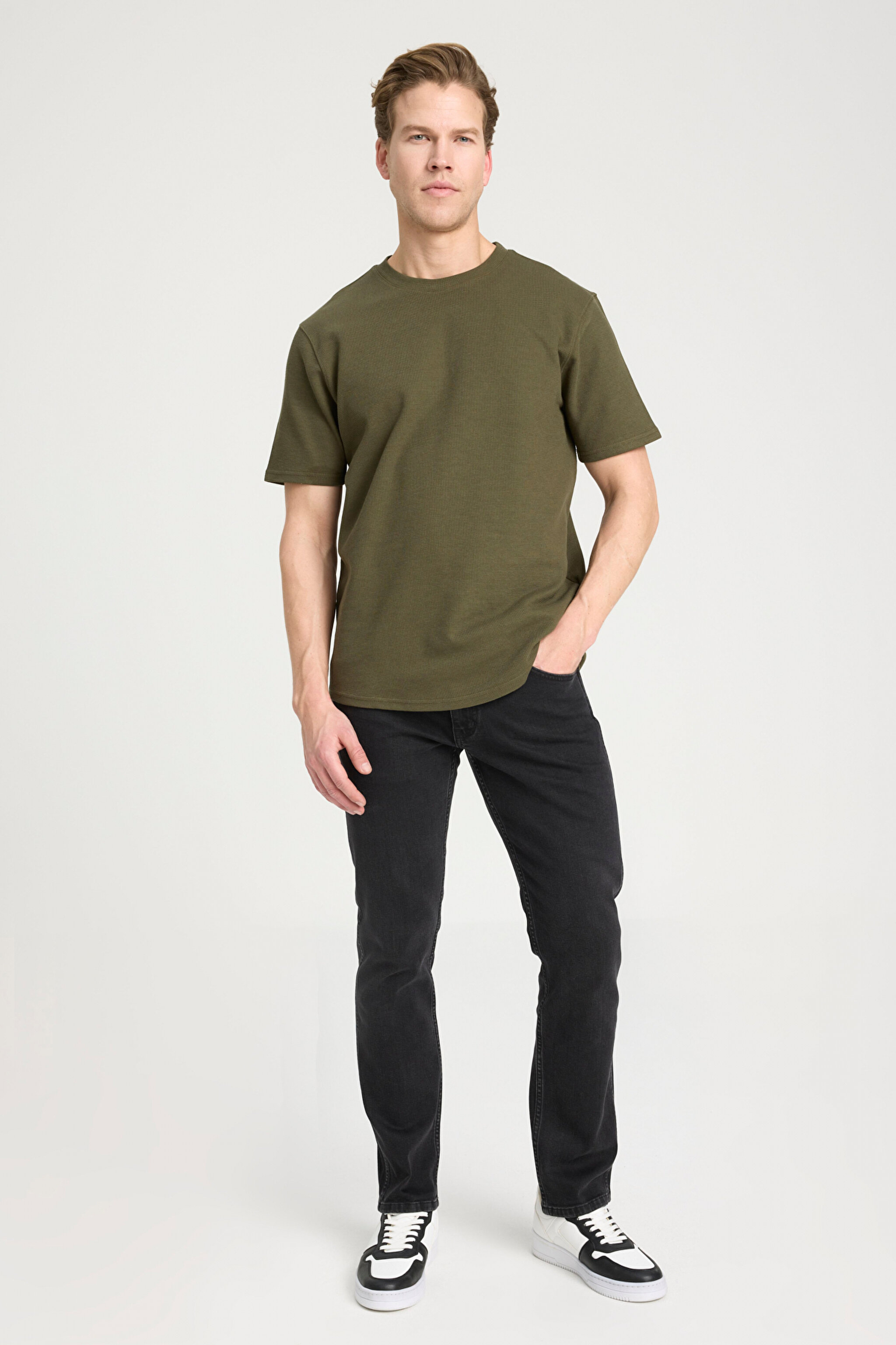 Regular Fit Normal Kesim Bisiklet Yaka Haki Tişört - Khaki-W241404801 (görsel 3)