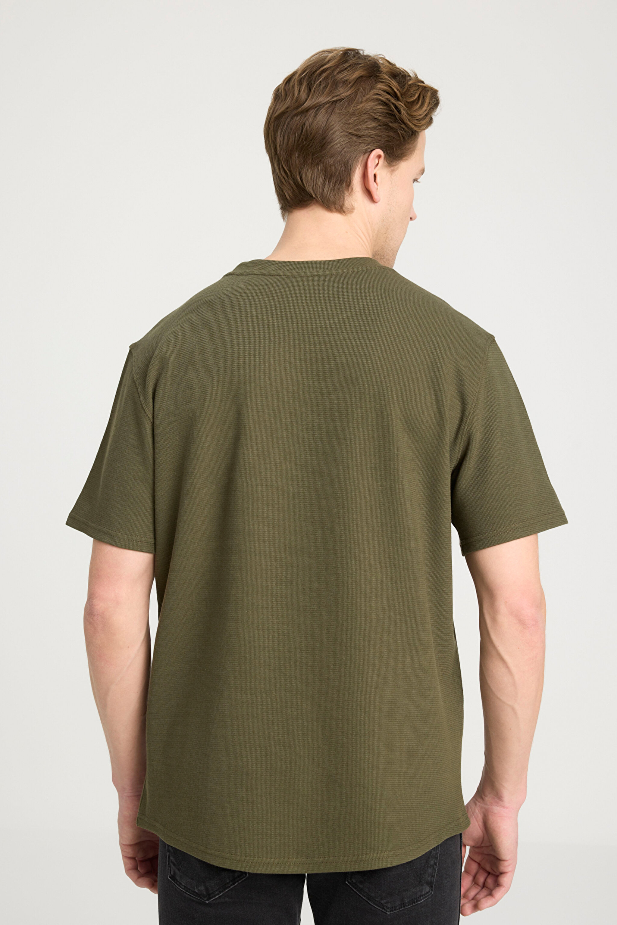 Regular Fit Normal Kesim Bisiklet Yaka Haki Tişört - Khaki-W241404801 (görsel 5)