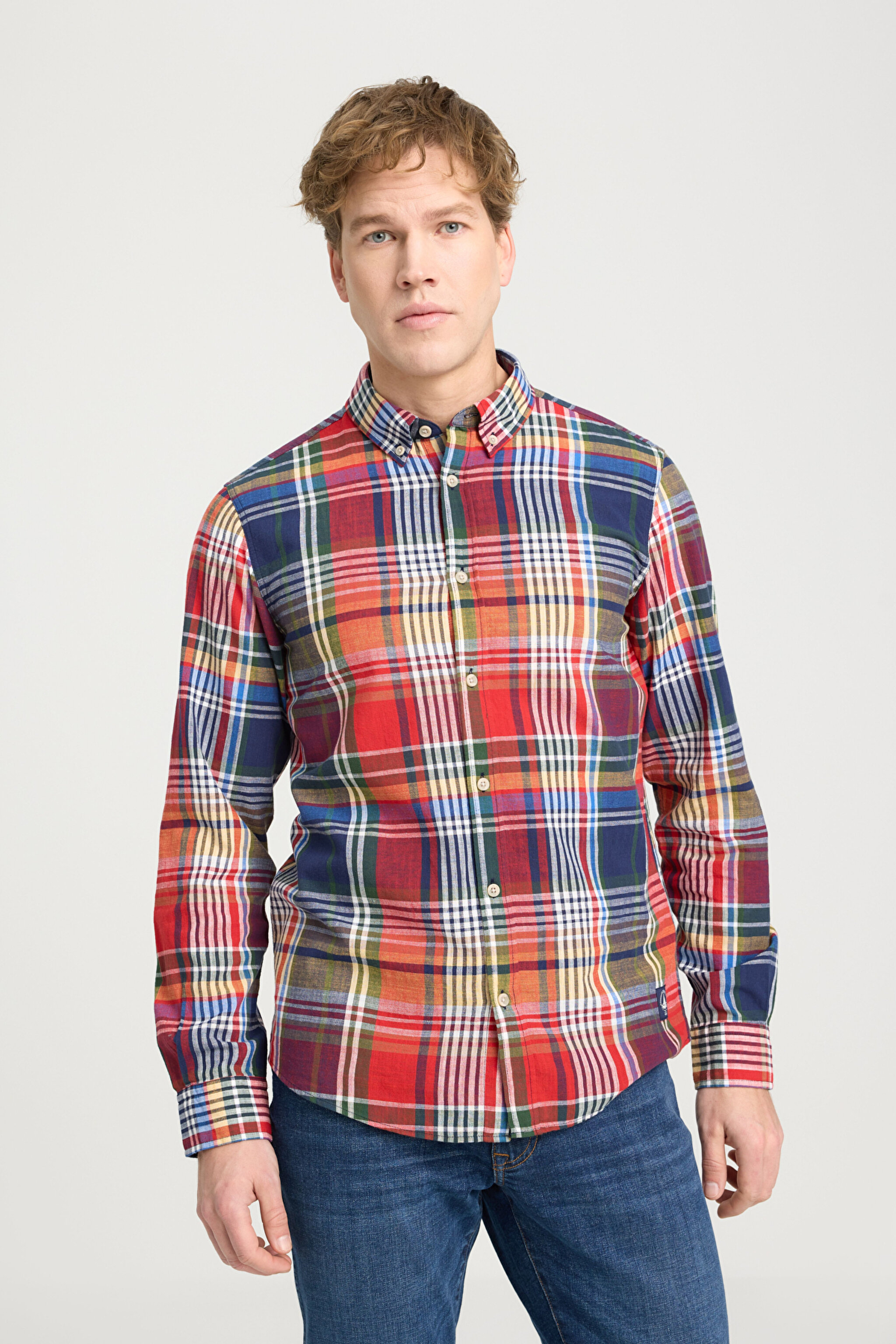 Regular Fit Geniş Kesim %100 Pamuk Çok Renkli Turuncu Gömlek - Multi-W241410900