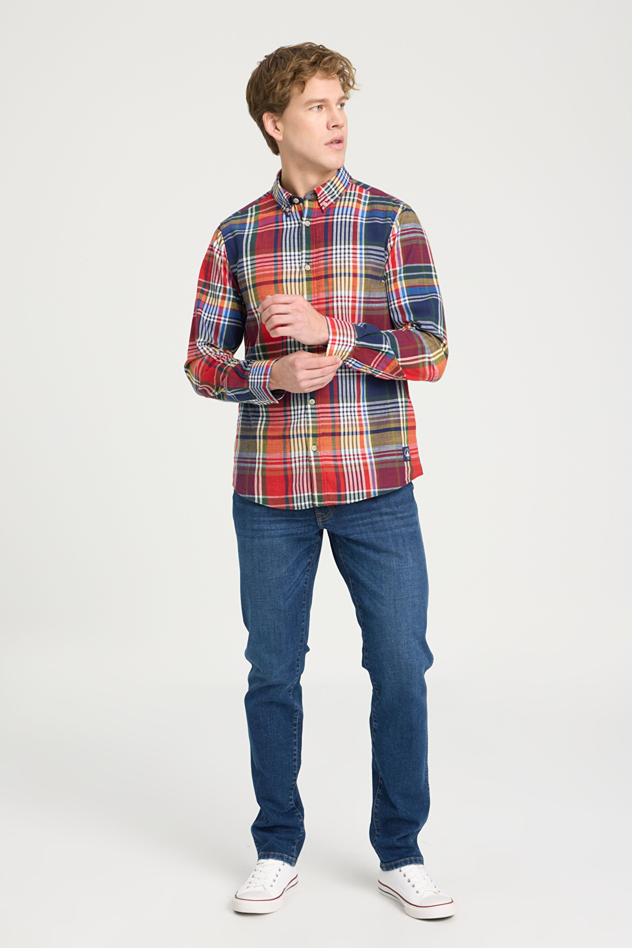 Regular Fit Geniş Kesim %100 Pamuk Çok Renkli Turuncu Gömlek - Multi-W241410900 (görsel 3)