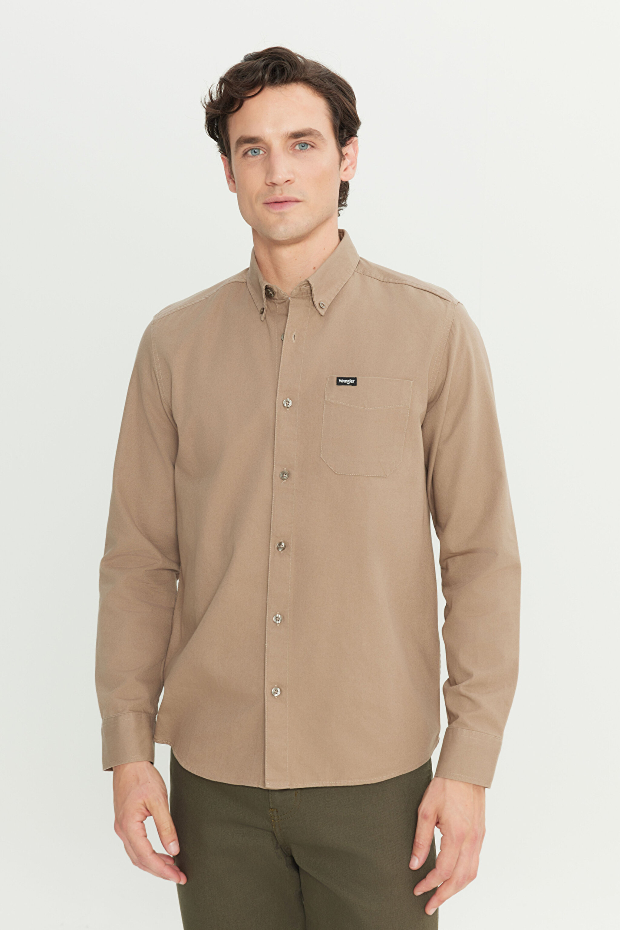 Regular Fit Normal Kesim %100 Pamuk Cep Detaylı Vizon Gömlek - Vizon-W241464208 (görsel 2)