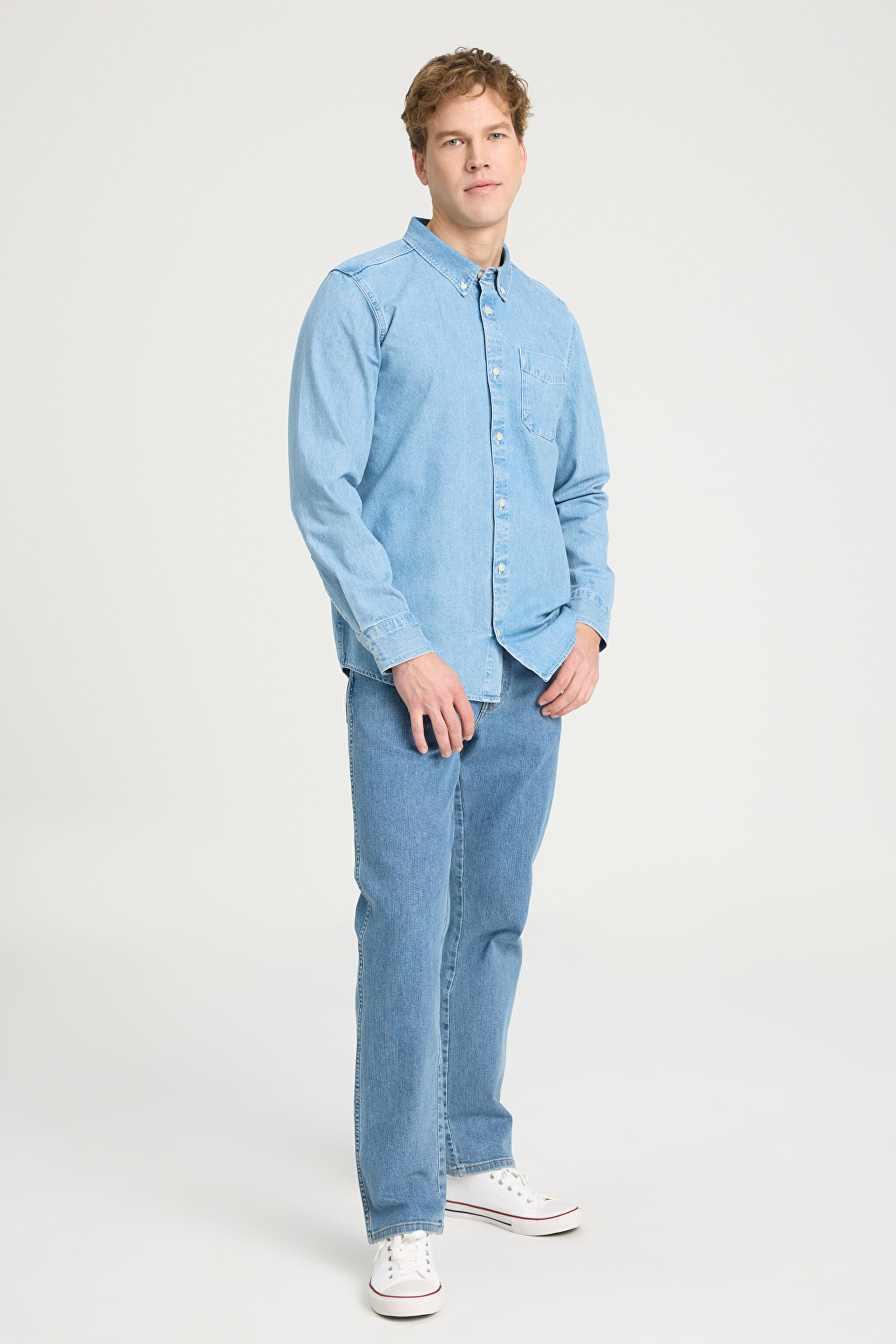 Regular Fit Normal Kesim %100 Pamuk Mavi Gömlek - Mid Blue-W241464XT (görsel 3)