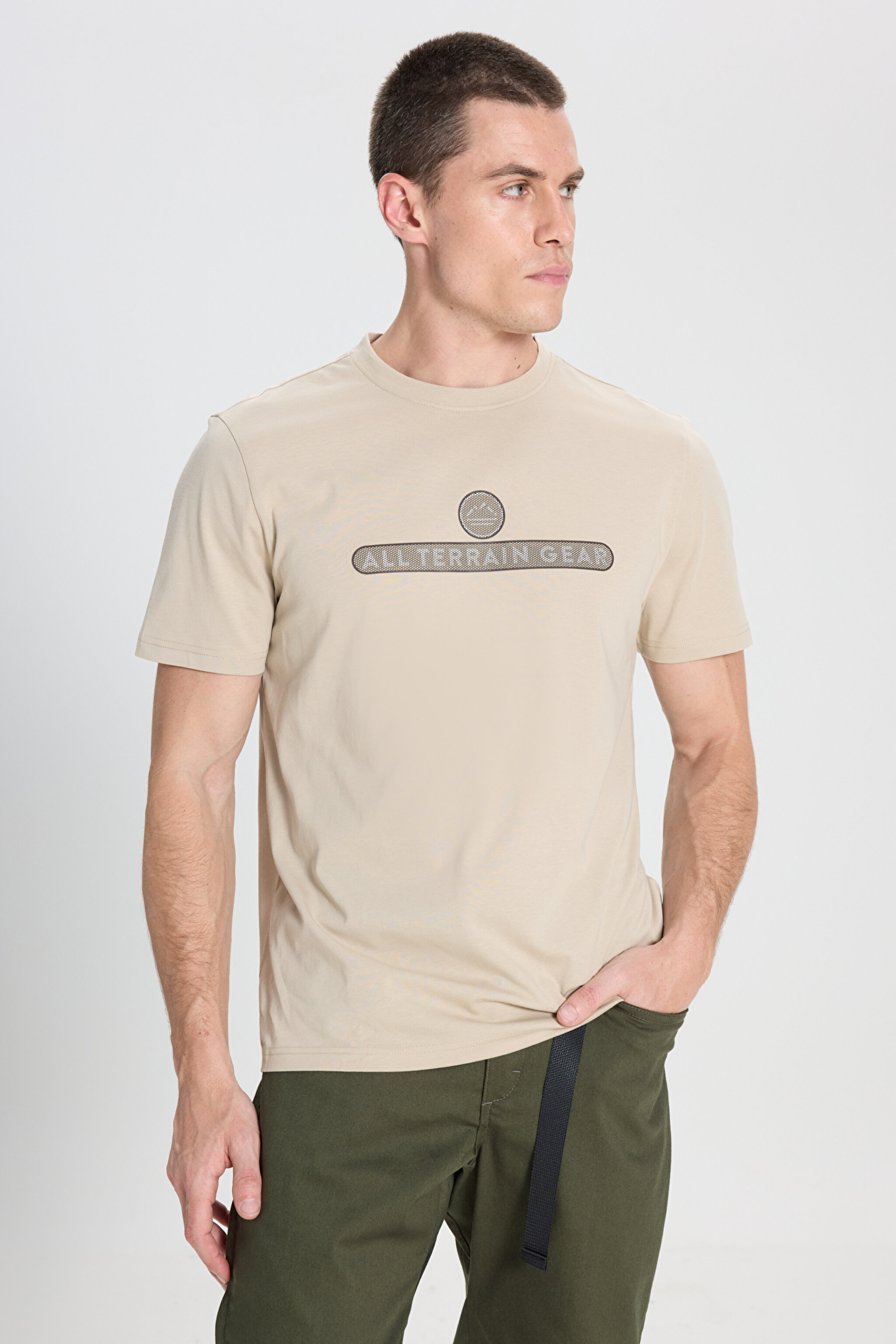 All Terrain Gear Regular Fit Normal Kesim Bisiklet Yaka %100 Pamuk Bej Tişört - Taupe-W241538640