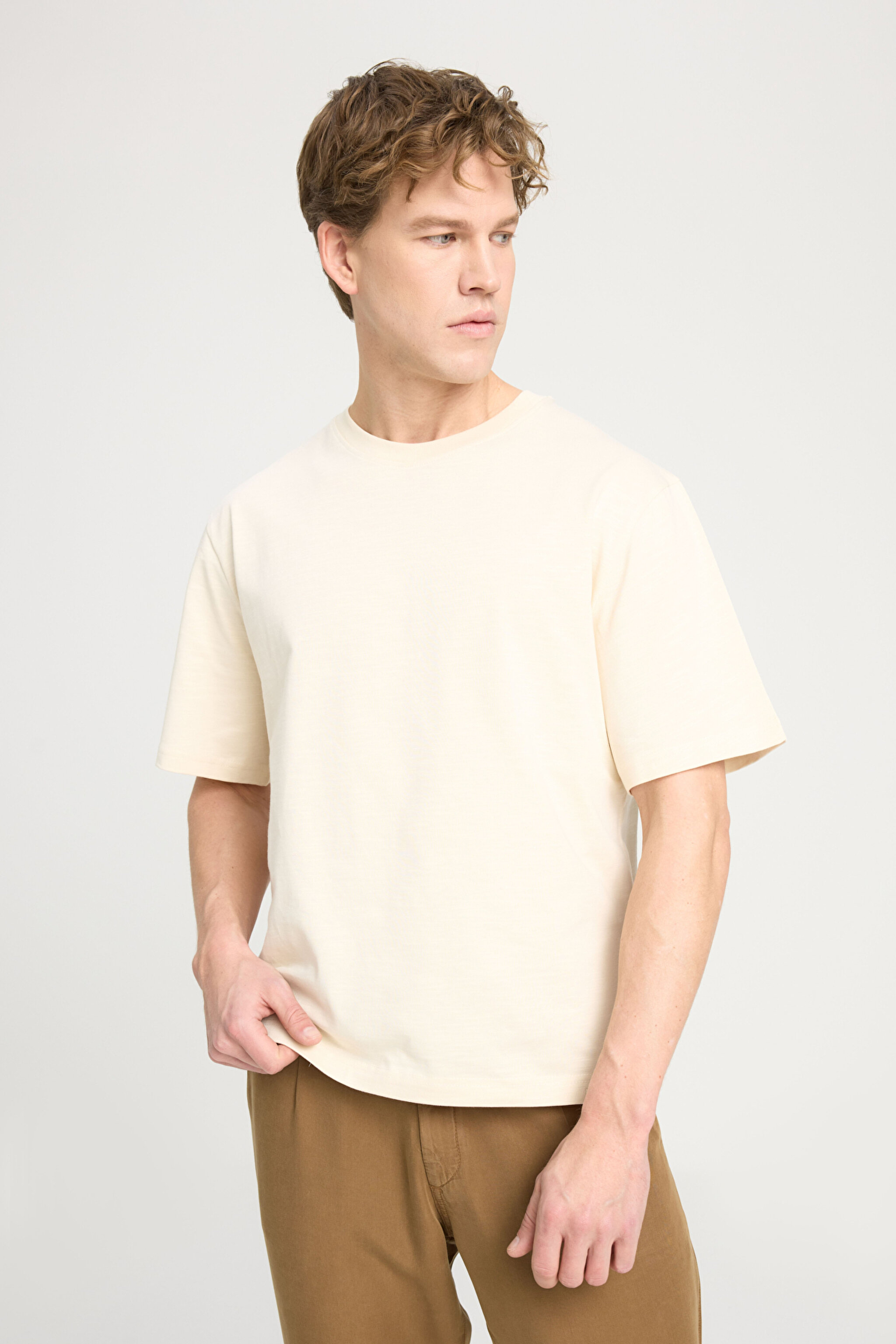 Regular Fit Normal Kesim Bisiklet Yaka %100 Pamuk Bej Tişört - Beige-W241556614 (görsel 2)
