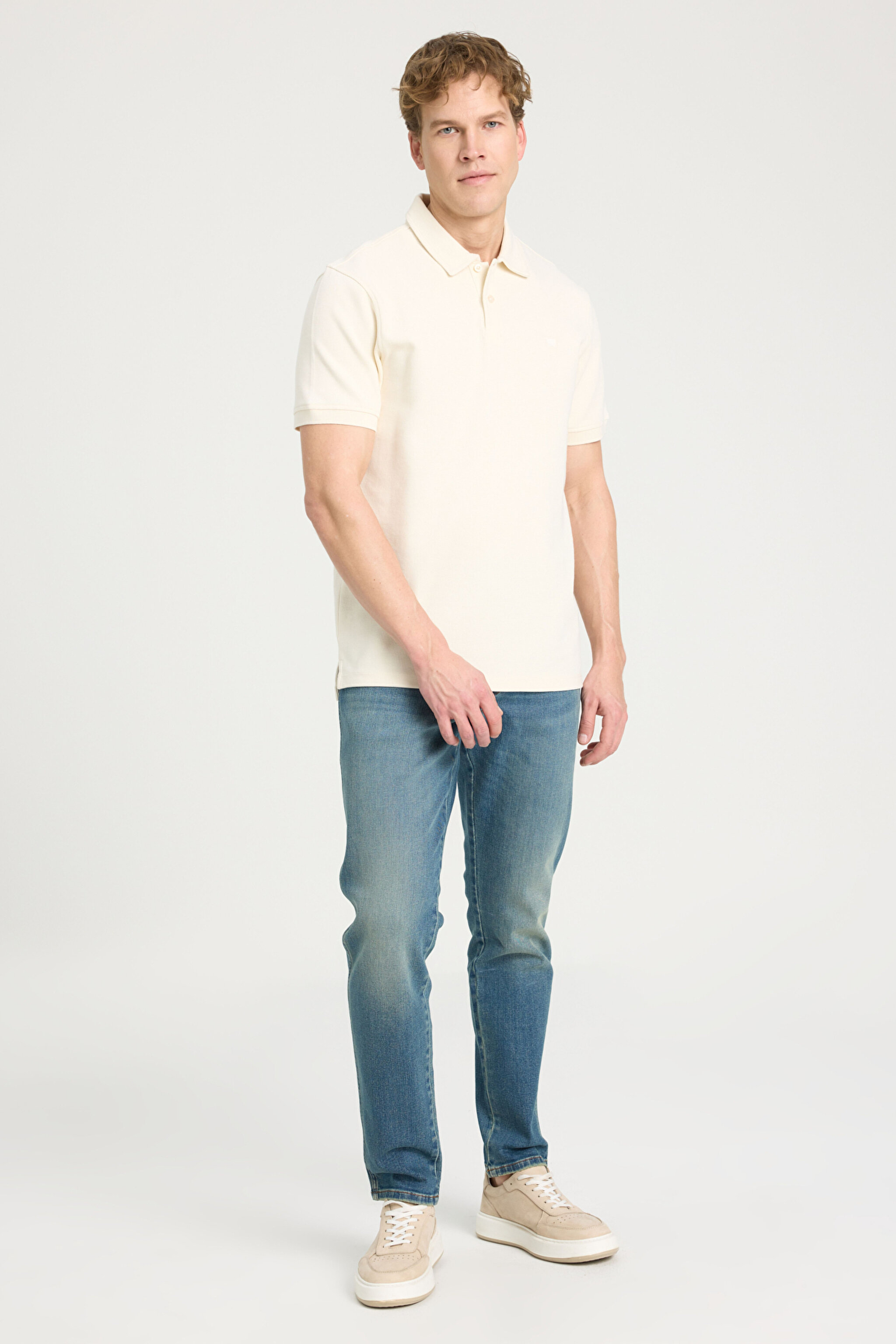 Regular Fit Normal Kesim Polo Yaka Ekru Tişört - Ecru-W241557104 (görsel 3)