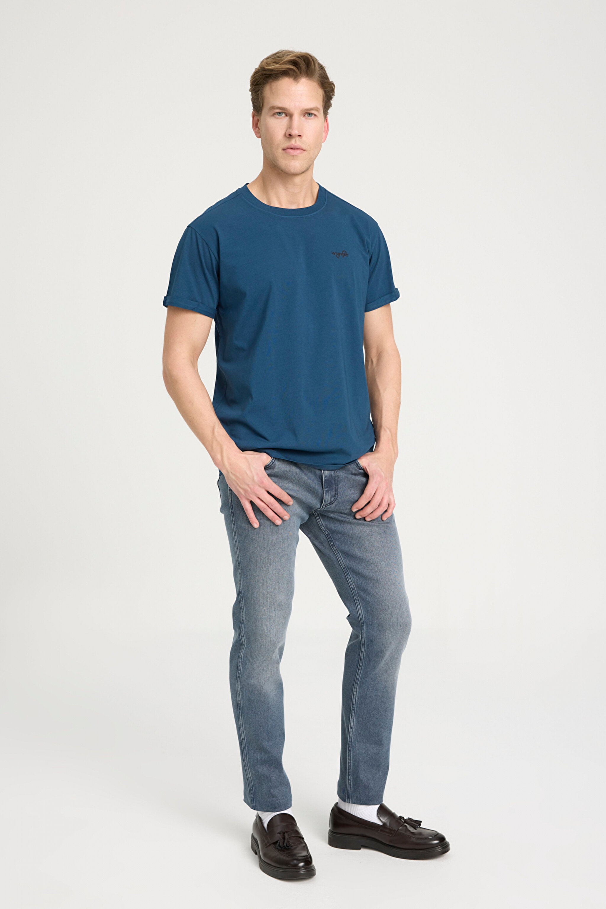 Loose Fit Rahat Kesim Bisiklet Yaka %100 Pamuk Lacivert Tişört - İndigo-W241576TF (görsel 3)