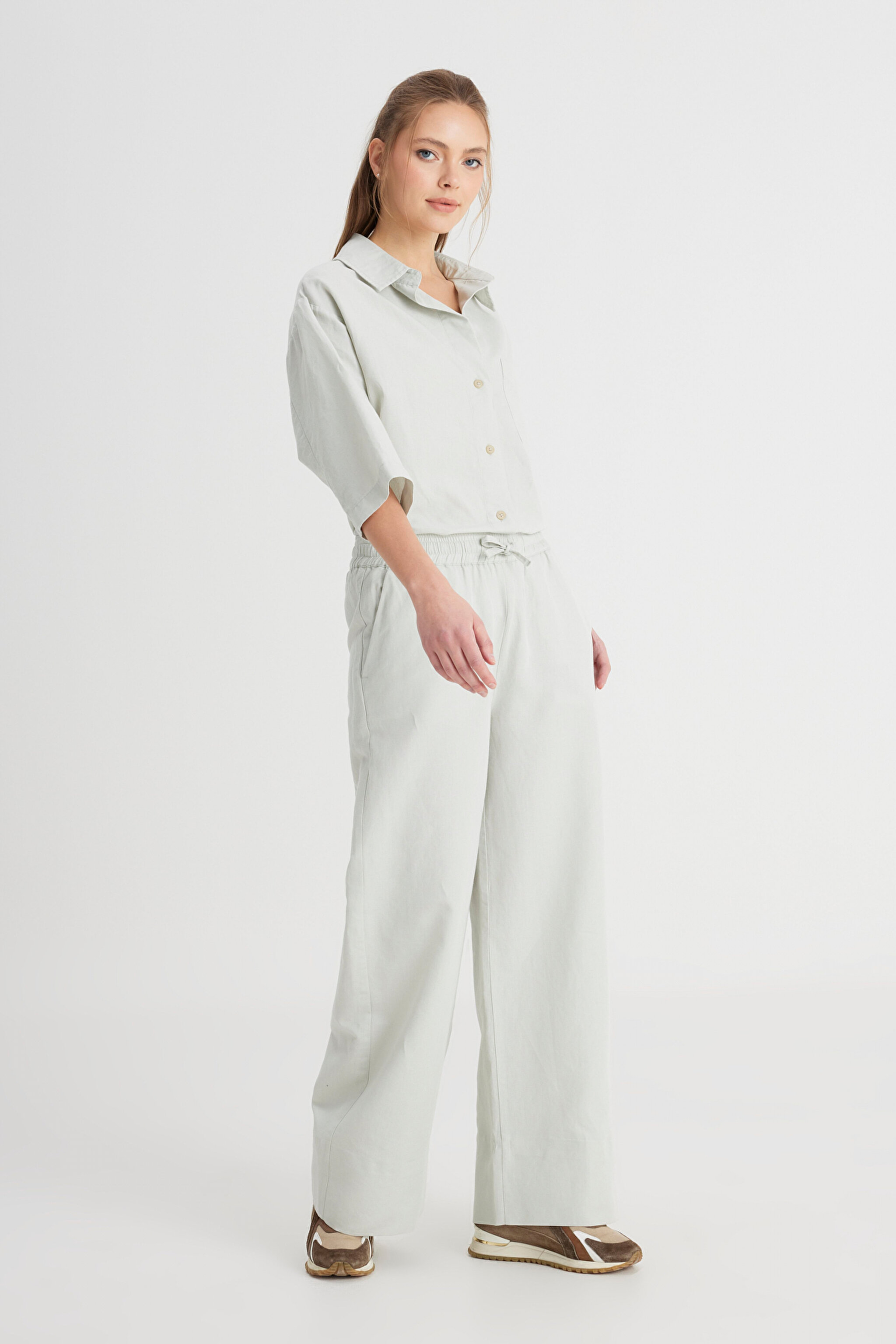 Loose Fit Geniş Kesim Normal Bel Geniş Paça Mint Yeşili Pantolon - Mint Green-W241596303 (görsel 3)
