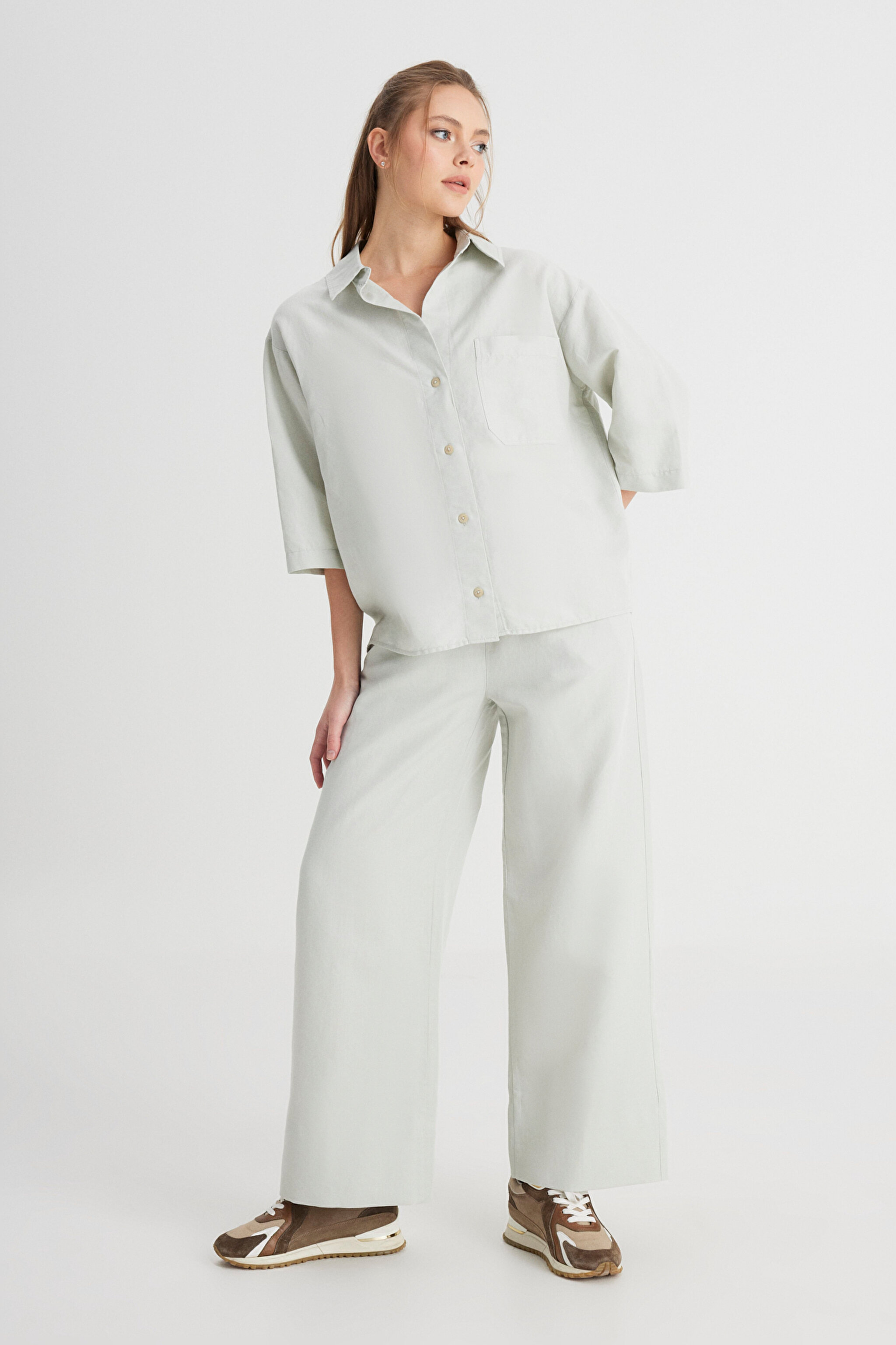 Relaxed Fit Geniş Kesim Kısa Kollu Mint Yeşili Gömlek - Mint Green-W241597303 (görsel 3)
