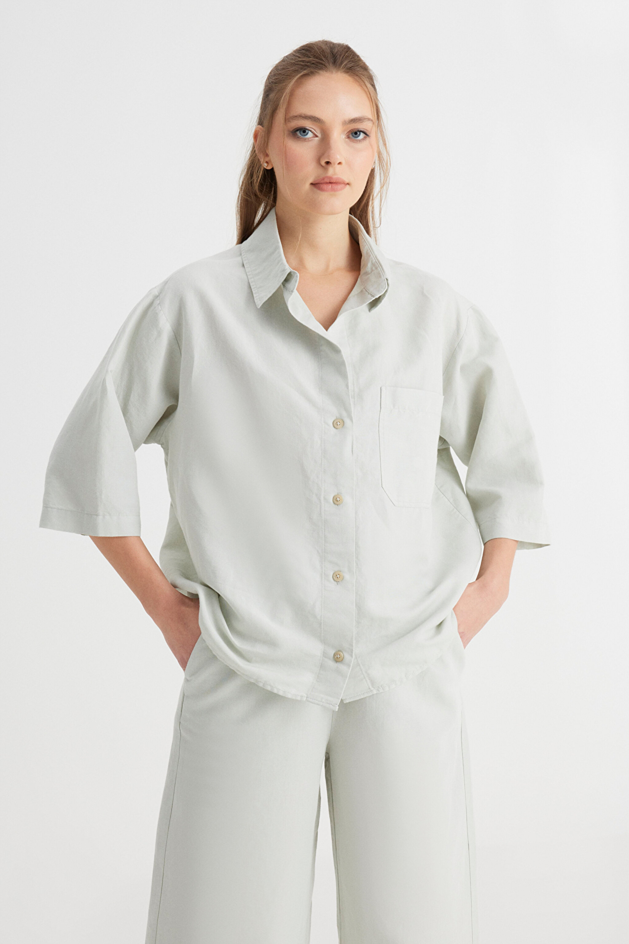 Relaxed Fit Geniş Kesim Kısa Kollu Mint Yeşili Gömlek - Mint Green-W241597303 (görsel 5)