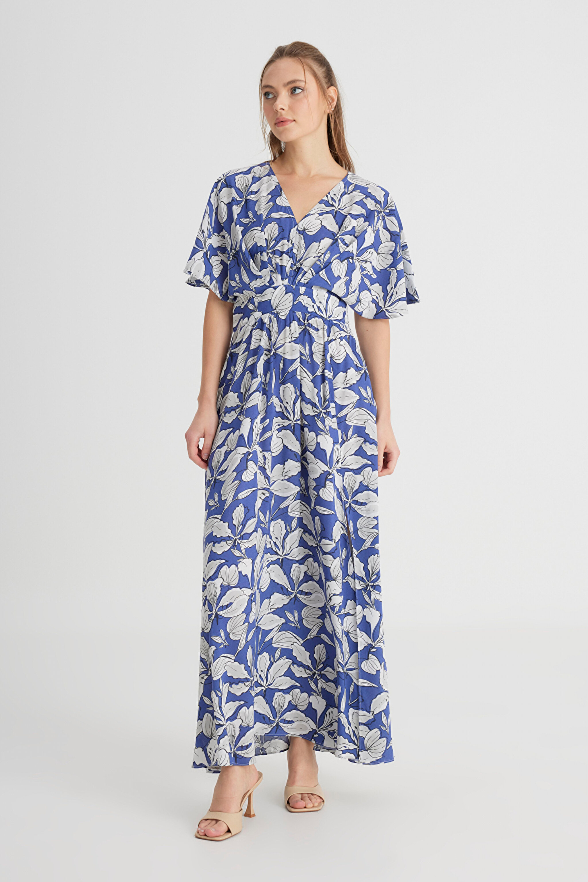 Loose Fit Rahat Kesim V Yaka Lacivert Elbise - Navy-W241598410