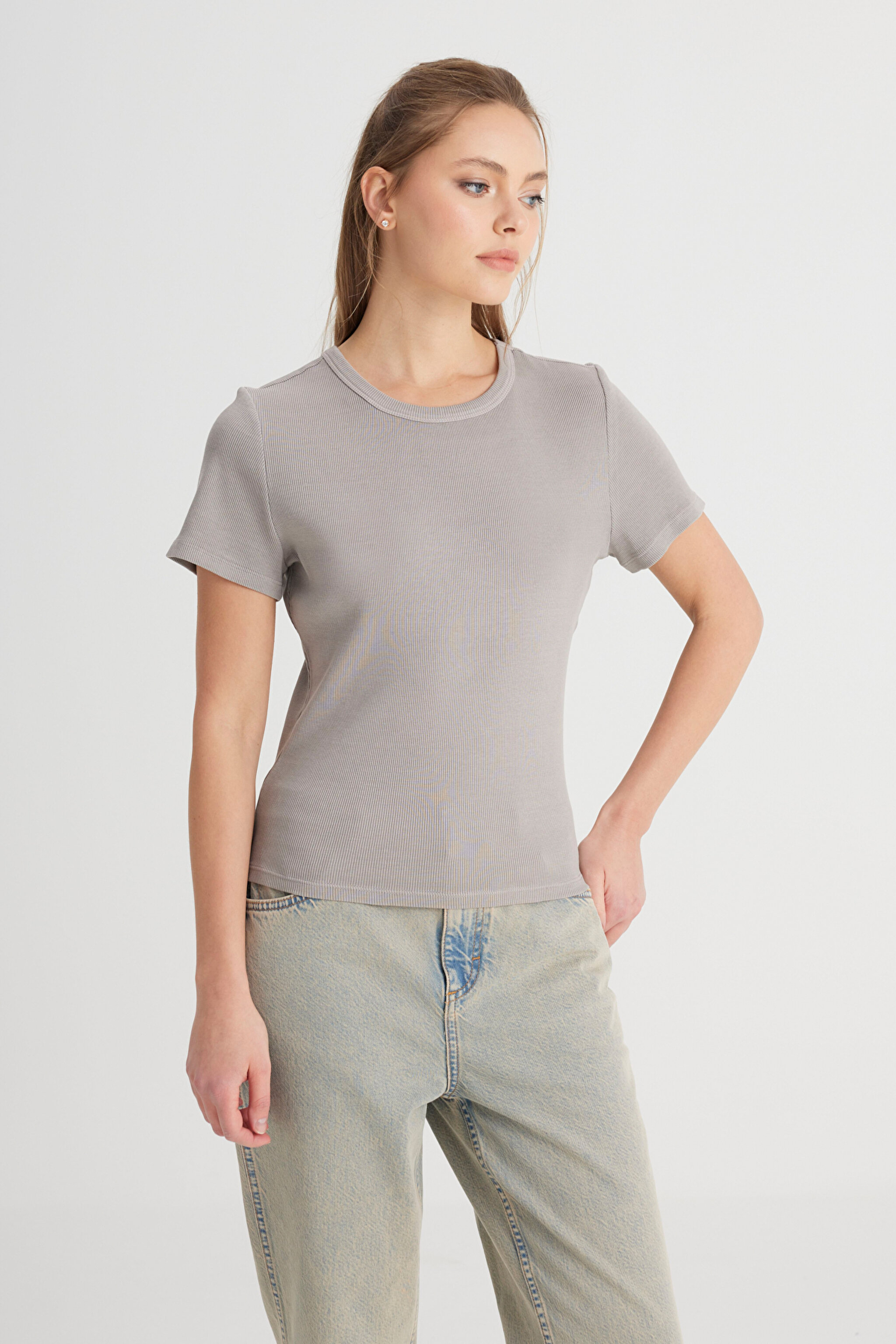 Slim Fit Dar Kesim Bisiklet Yaka Gri Tişört - Gray-W241600035 (görsel 4)