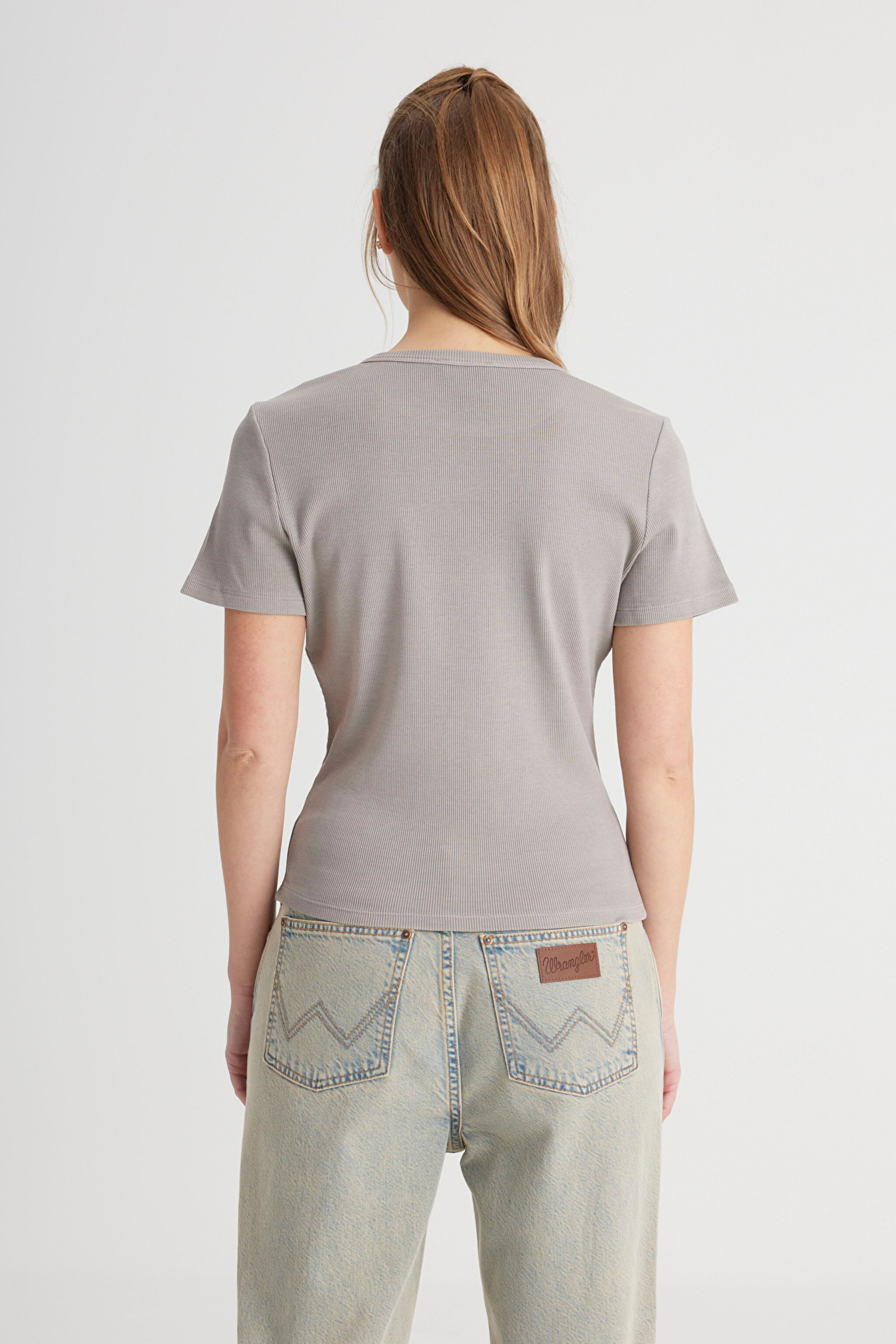 Slim Fit Dar Kesim Bisiklet Yaka Gri Tişört - Gray-W241600035 (görsel 5)