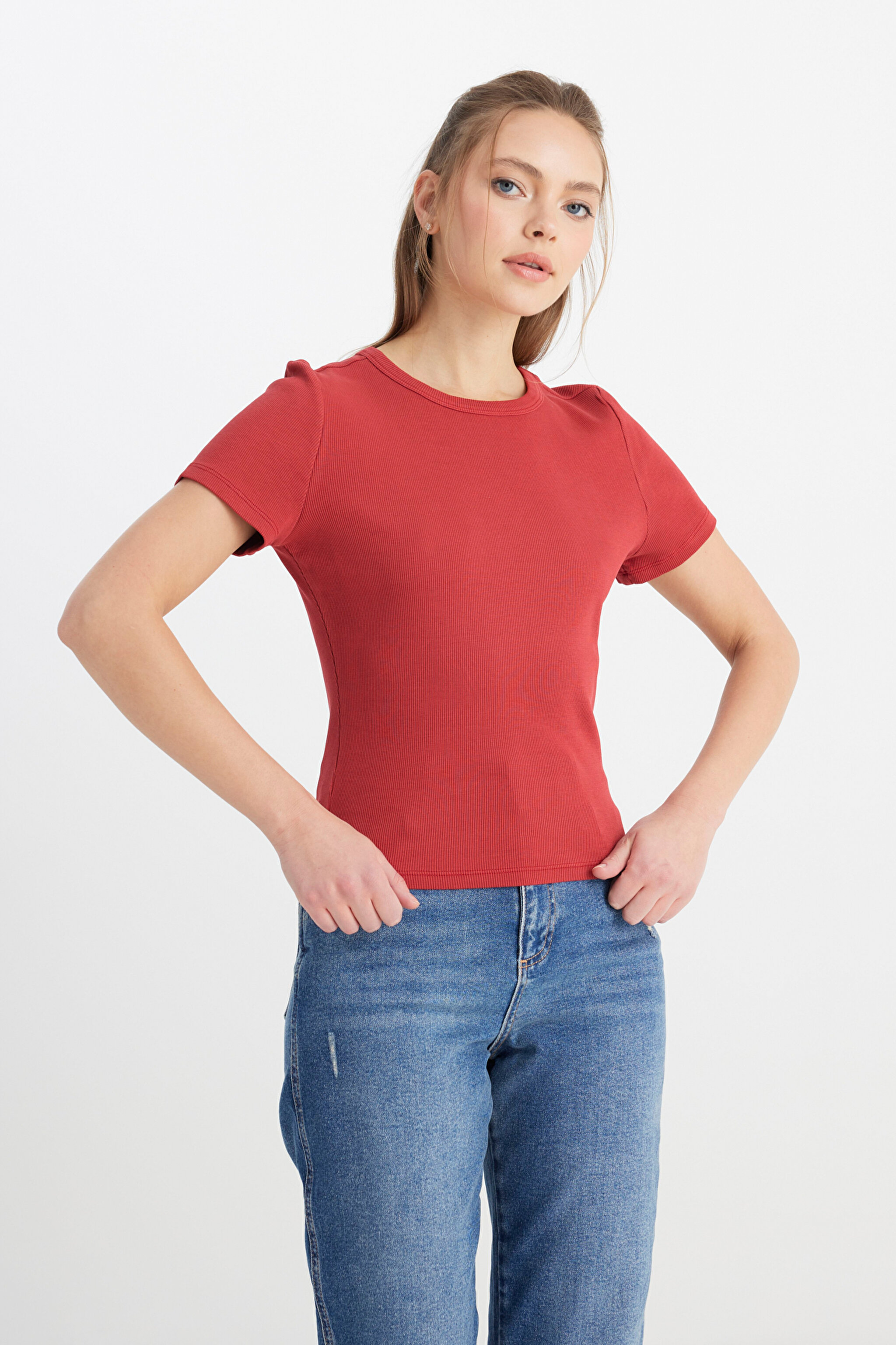 Slim Fit Dar Kesim Bisiklet Yaka Kırmızı Tişört - Light Rose-W241600821 (görsel 4)