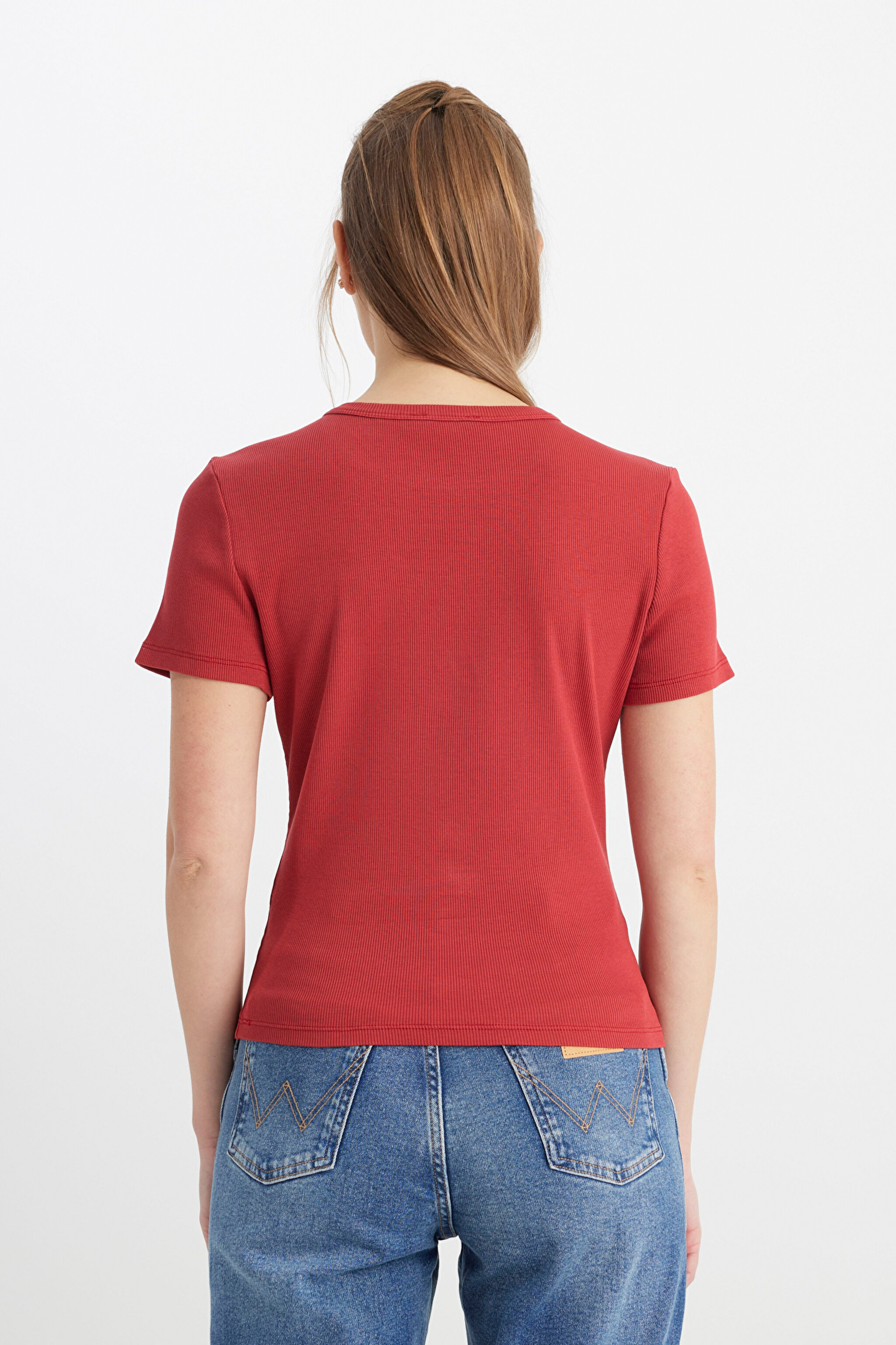 Slim Fit Dar Kesim Bisiklet Yaka Kırmızı Tişört - Light Rose-W241600821 (görsel 5)