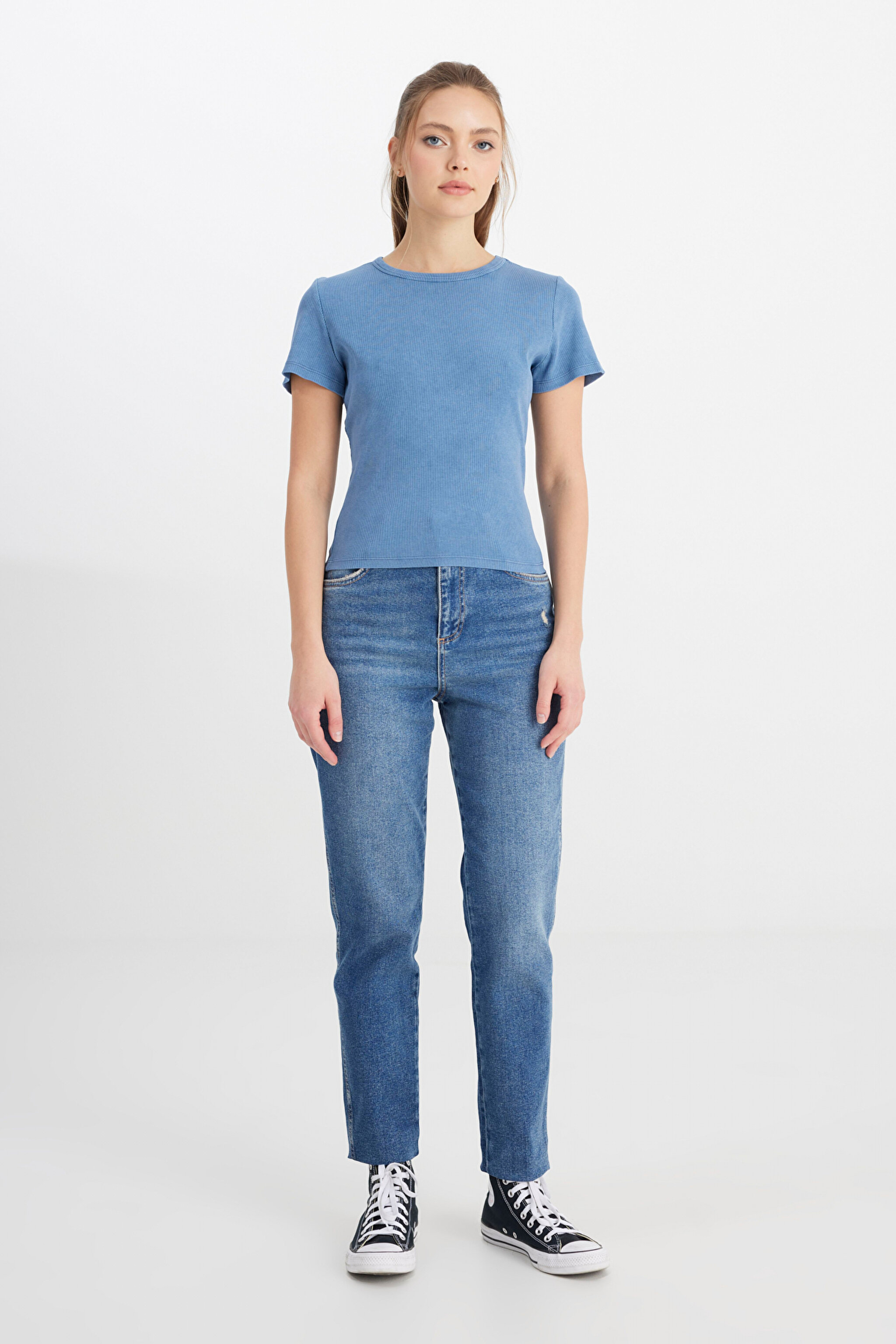 Slim Fit Dar Kesim Bisiklet Yaka Lacivert Tişört - İndigo-W241600TF (görsel 3)